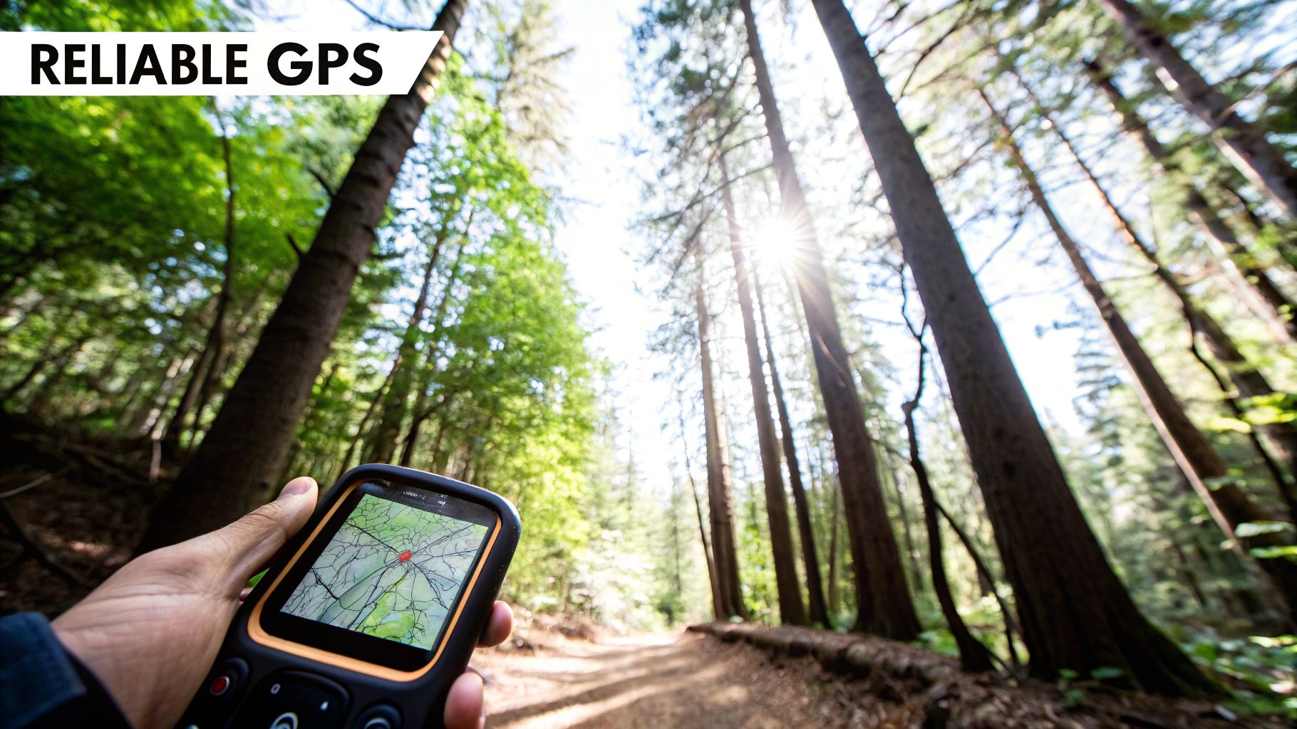 A handheld GPS device being used by a hiker in a lush, remote forest.