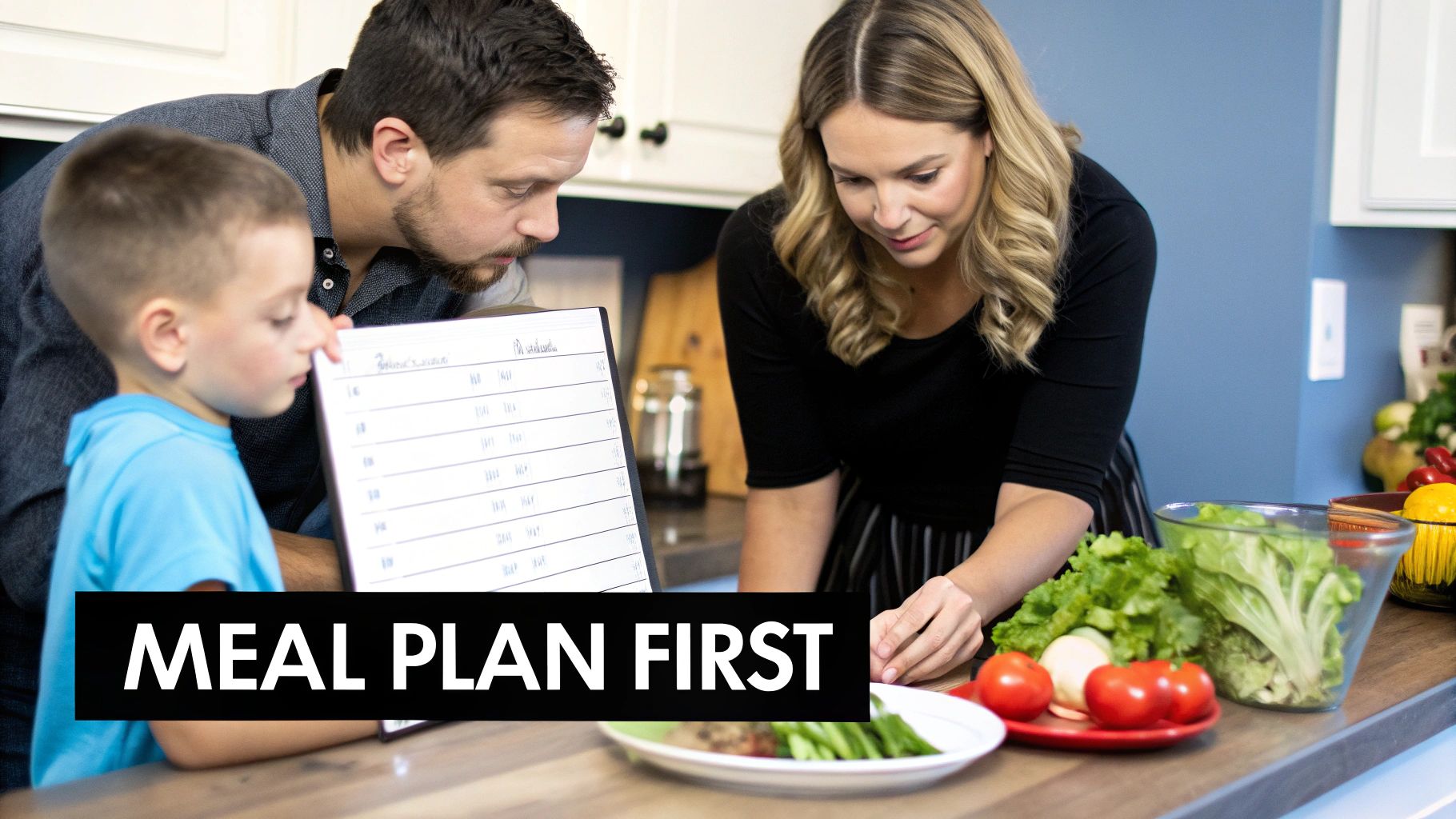 A family happily meal planning together at a kitchen table.