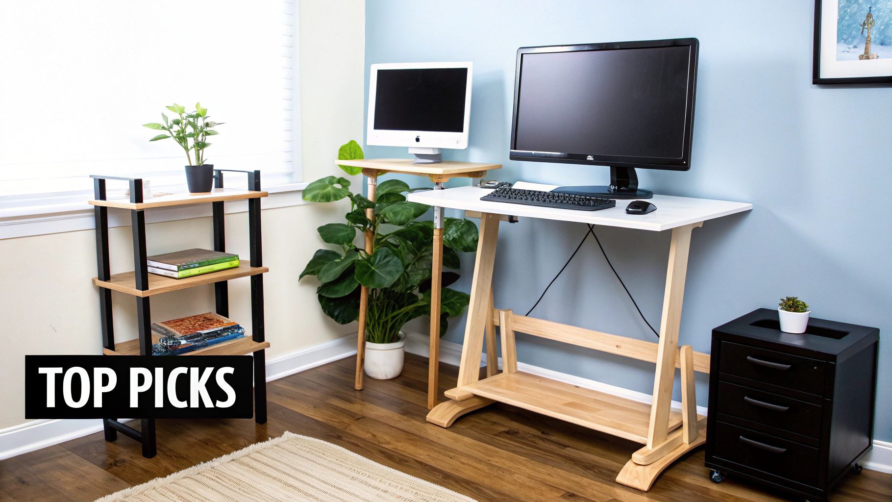 Stylish home office featuring two standing desks, computers, plants, and a wooden shelf unit.