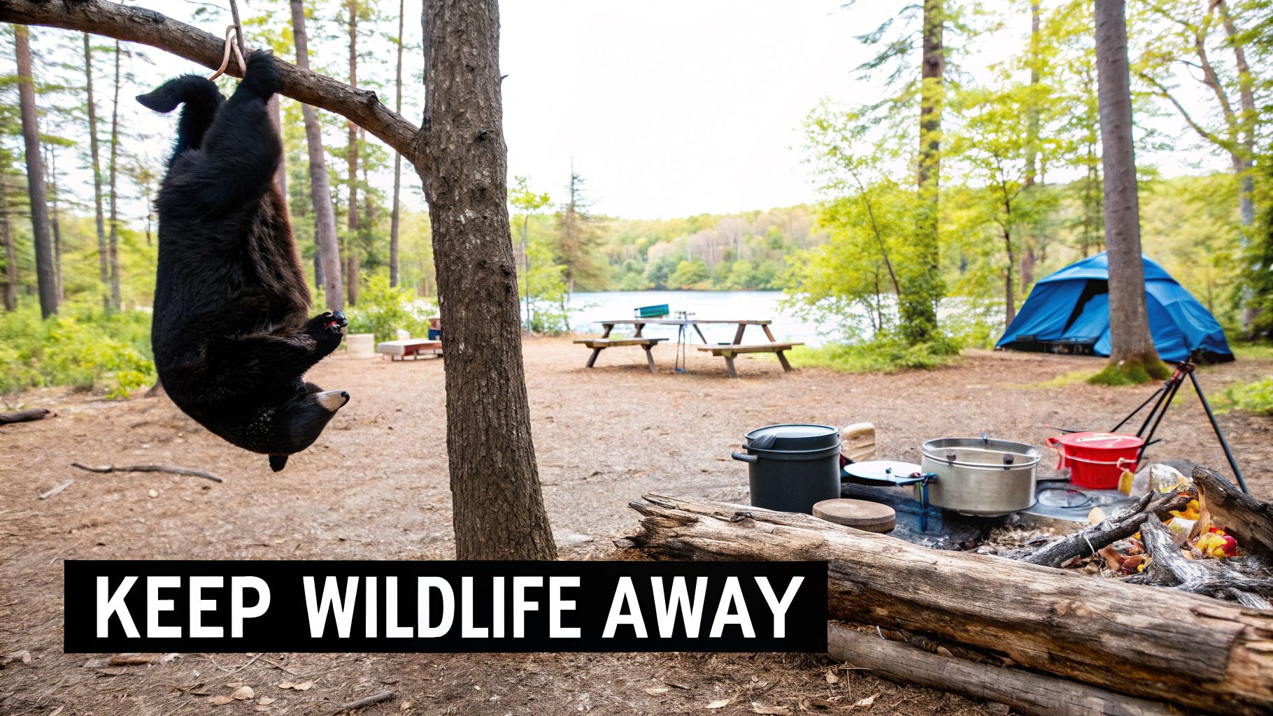 A curious bear sniffing around a campsite in the woods.