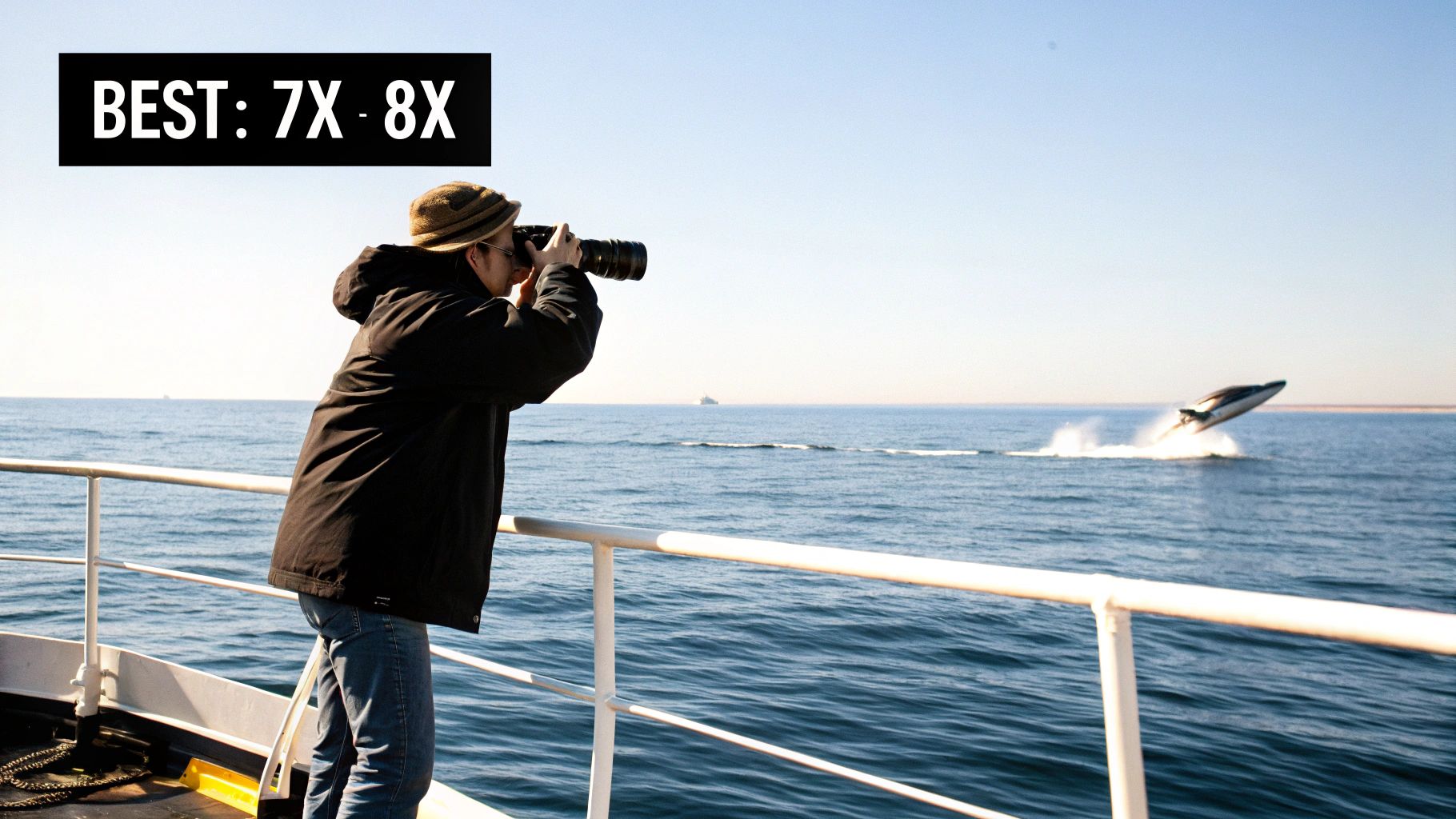 A person on a boat with a camera captures a whale breaching from the ocean.