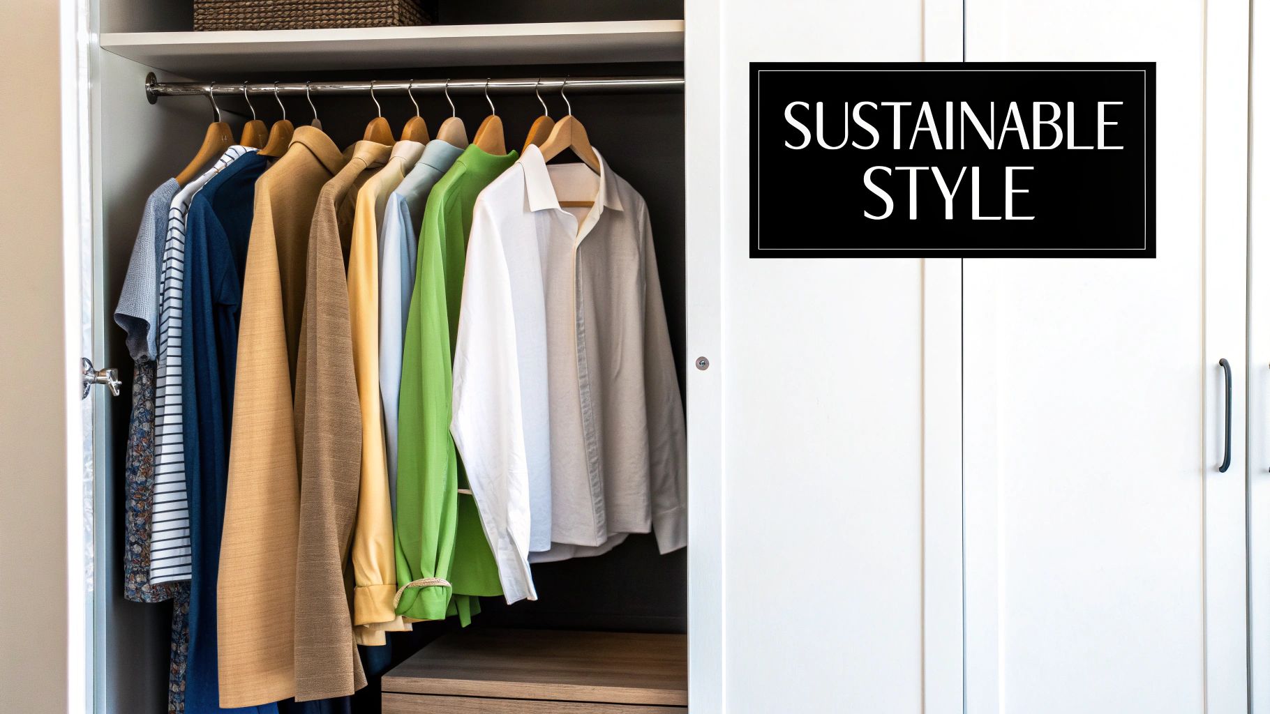 An open closet showcasing various colorful clothes hanging on a rail, next to a white door with a 'SUSTAINABLE STYLE' sign.