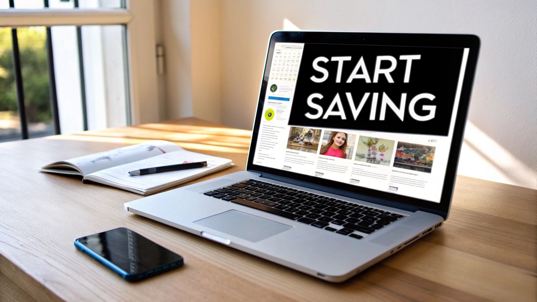 A laptop displaying 'START SAVING' on its screen, a smartphone, and an open notebook with a pen on a wooden desk.