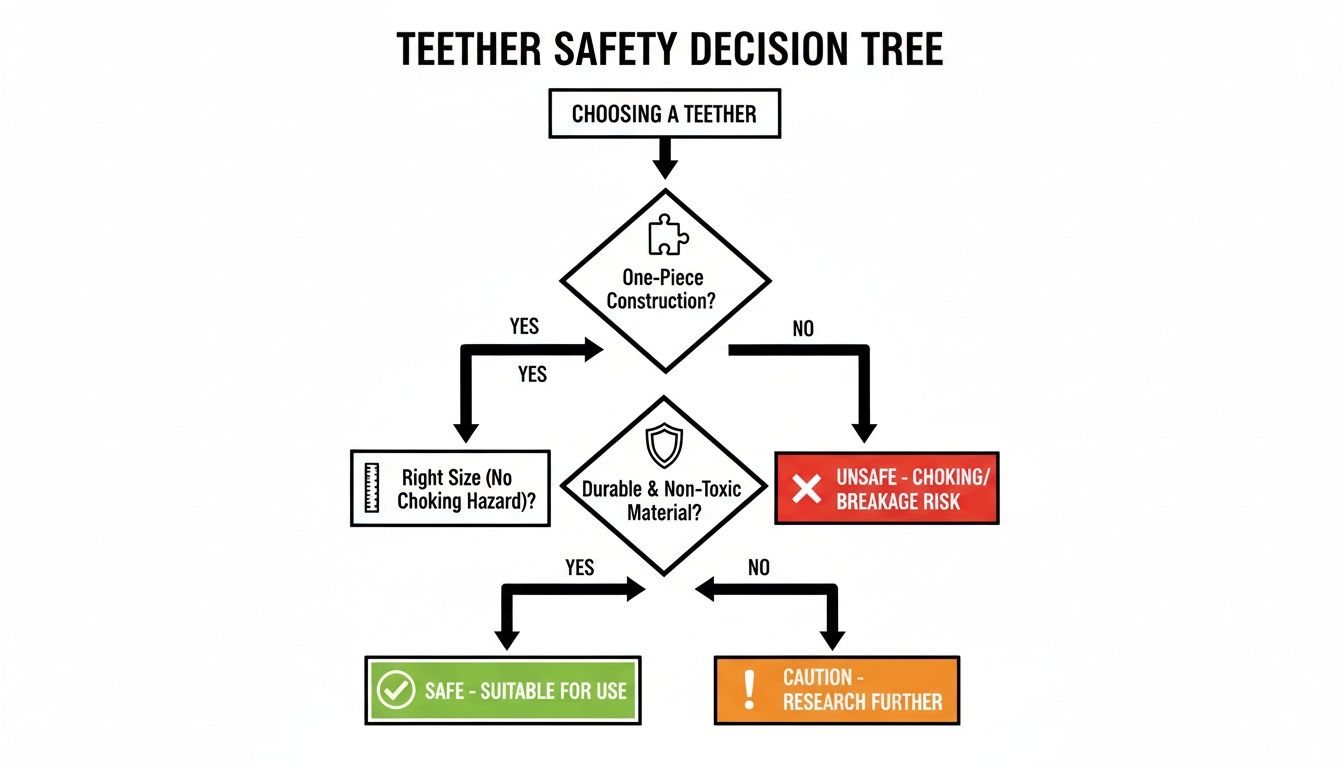 Flowchart outlining a teether safety decision tree, guiding users to choose safe and suitable teething toys.