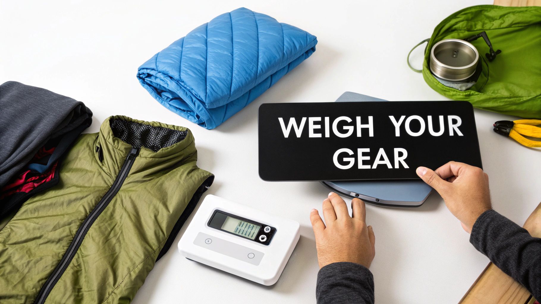 Hands place a "WEIGH YOUR GEAR" sign on a digital scale next to outdoor clothing and a backpack.