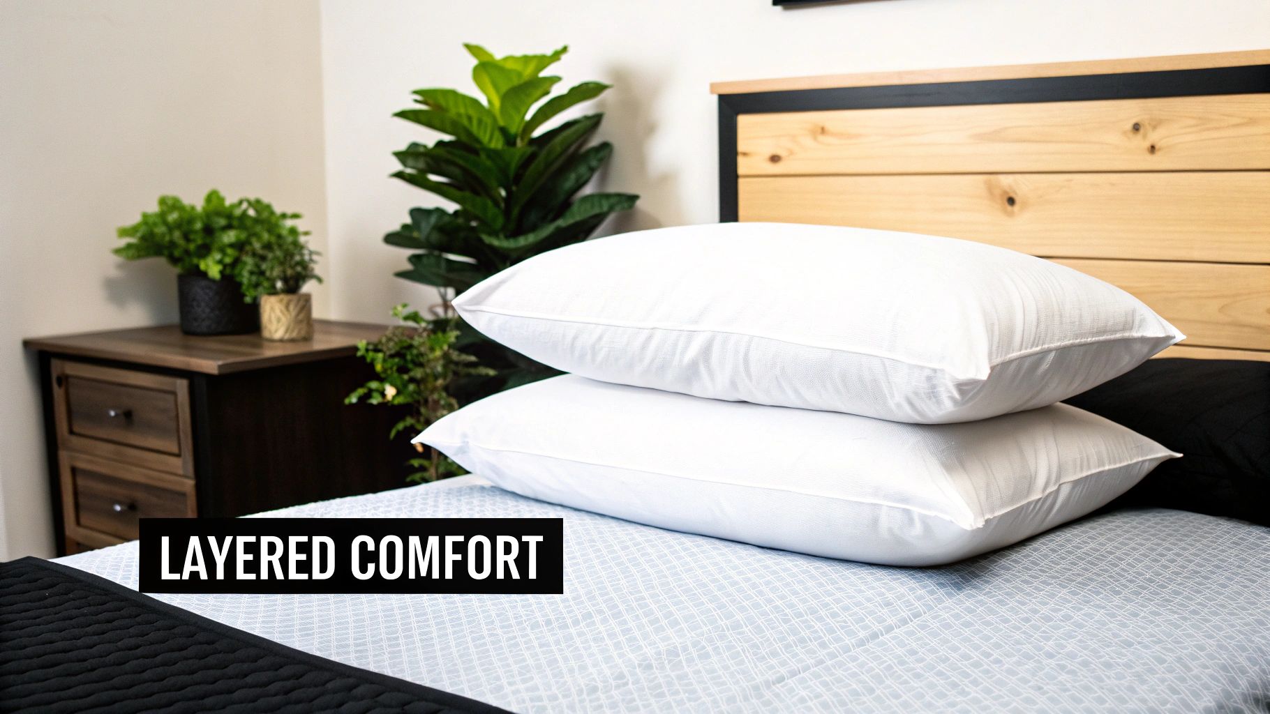 Two white king-sized pillows layered in front of grey Euro pillows on a bed