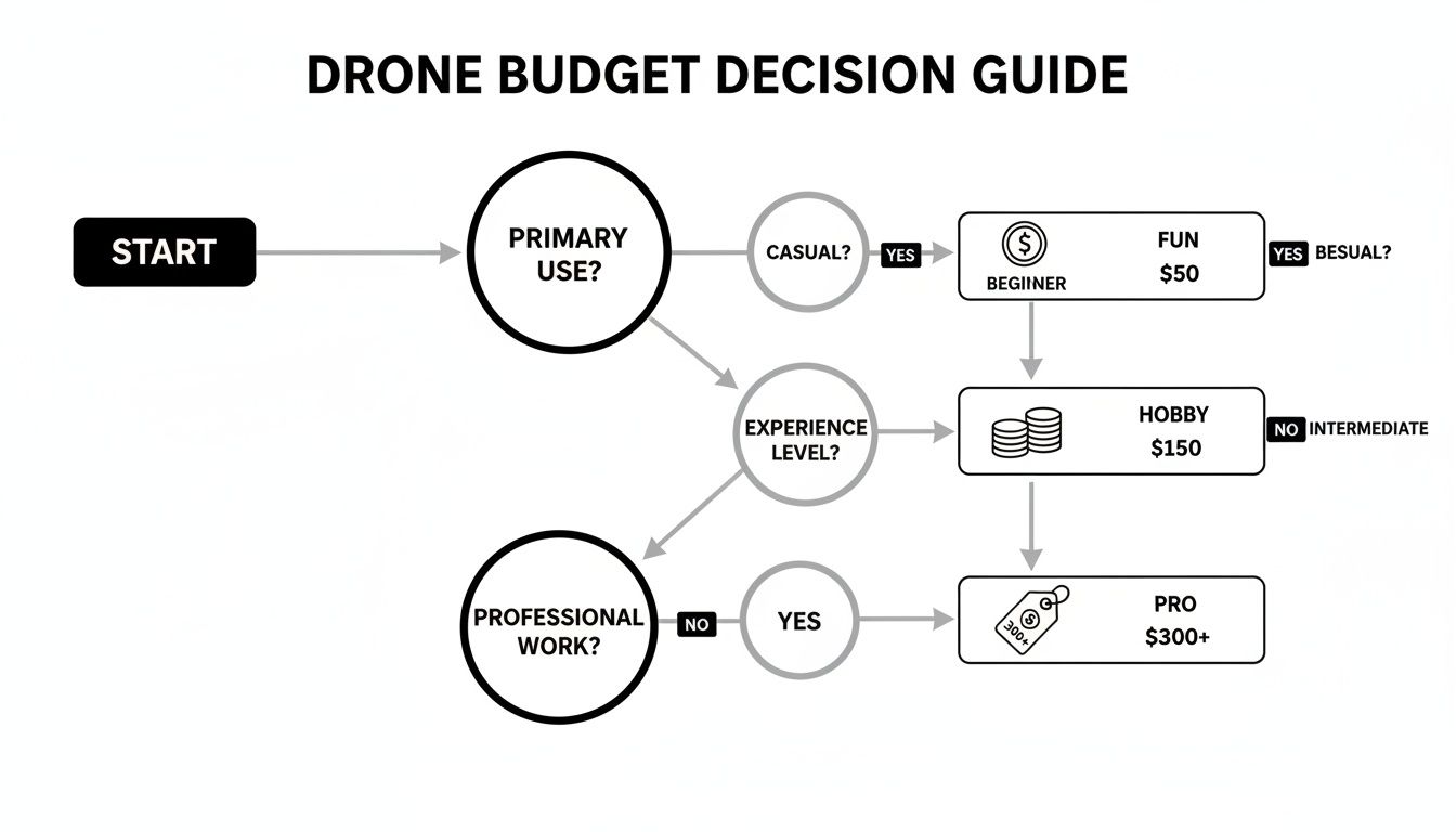 A flowchart guiding drone budget decisions based on primary use, experience level, and professional work.