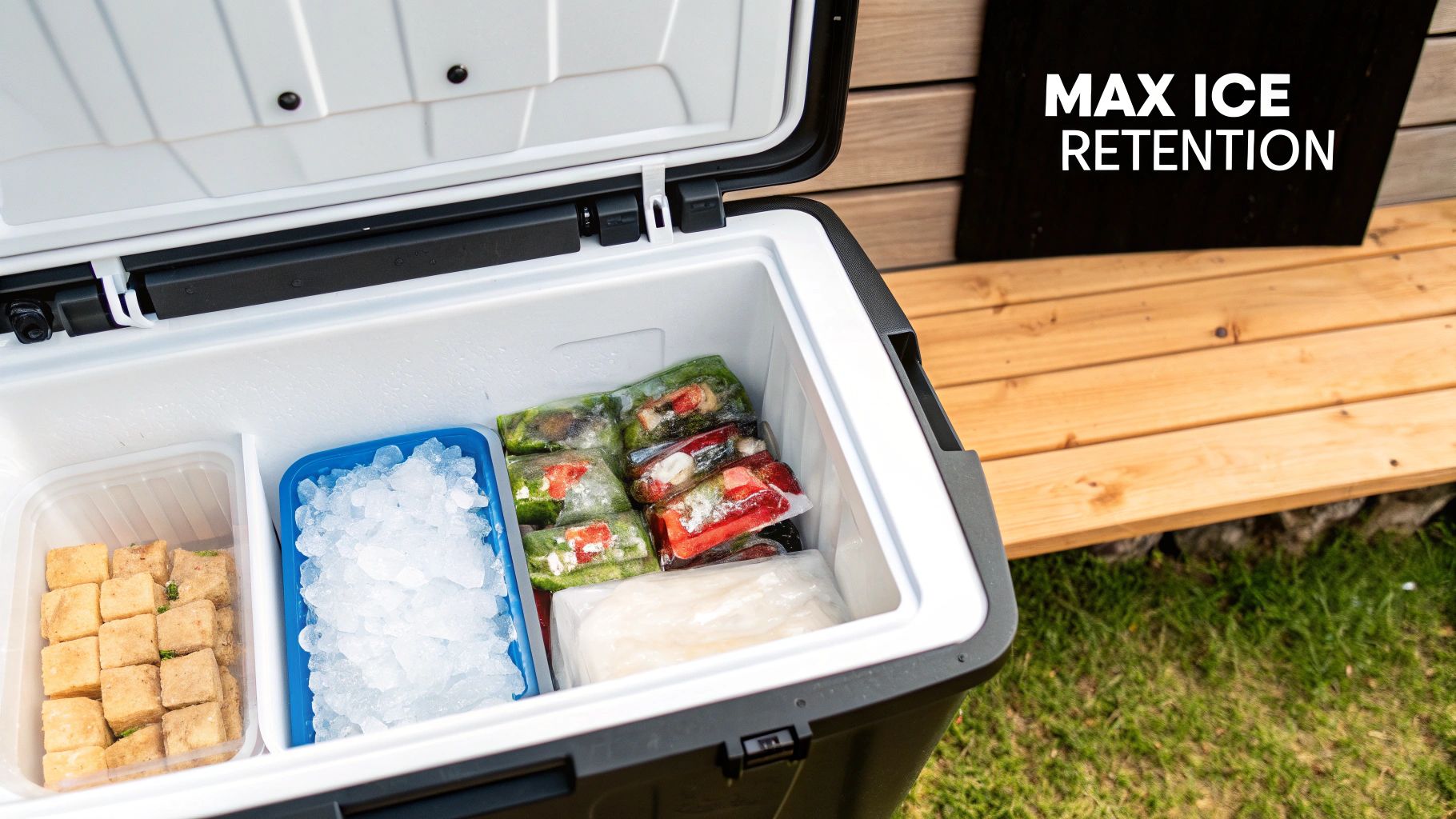 Person packing a blue cooler with food and ice