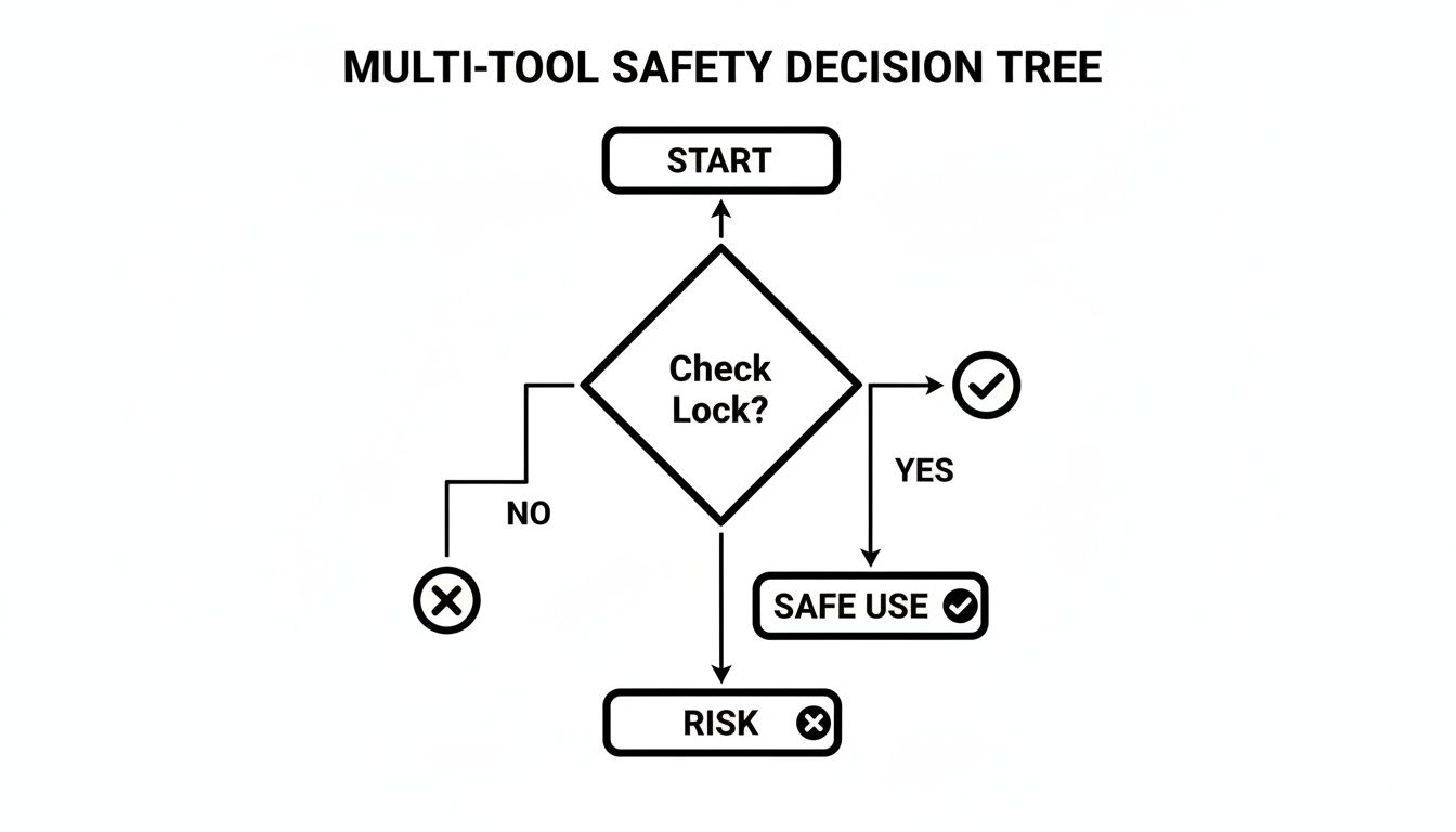 Flowchart detailing multi-tool safety, starting with checking the lock for safe or risky use.
