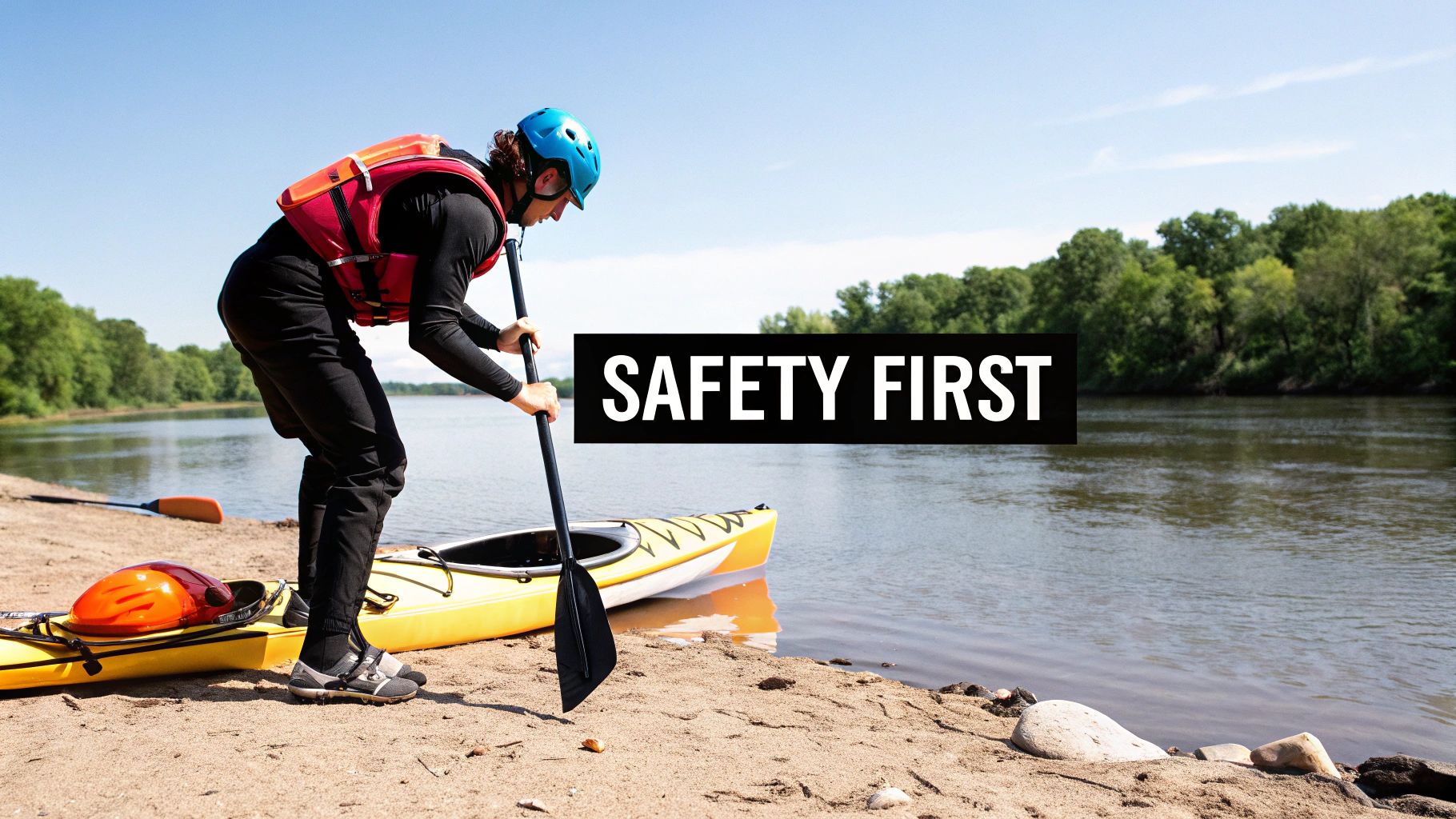 Person wearing a life vest and helmet, holding a paddle by a yellow kayak on a sandy riverbank with 'SAFETY FIRST' overlay.
