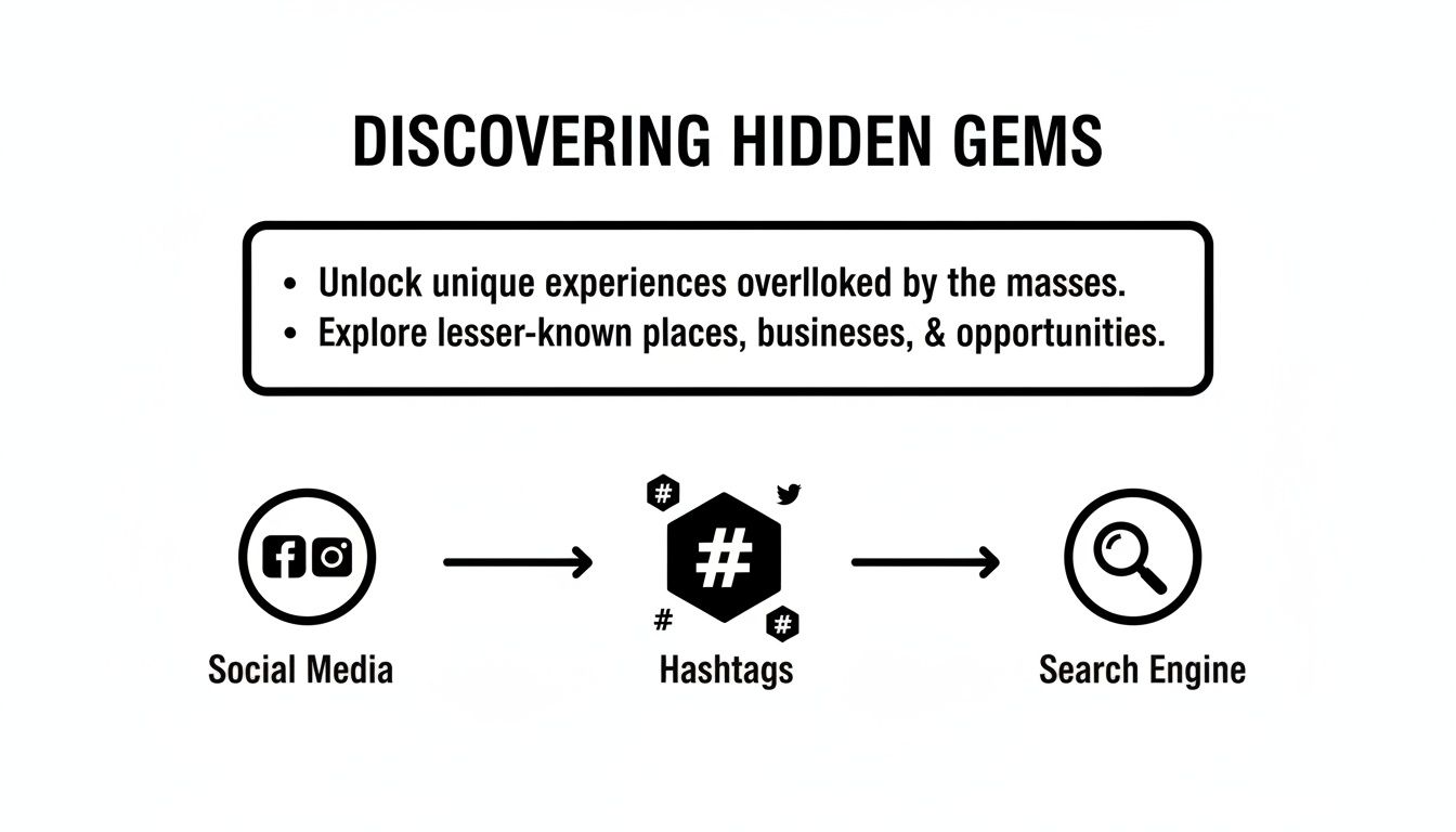 A diagram illustrating how to discover hidden gems using social media, hashtags, and search engines.