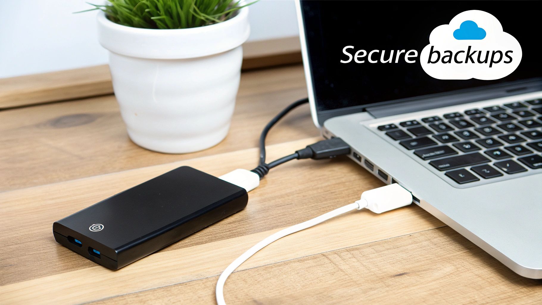 Hands carefully placing an external hard drive into a secure, fireproof safe.