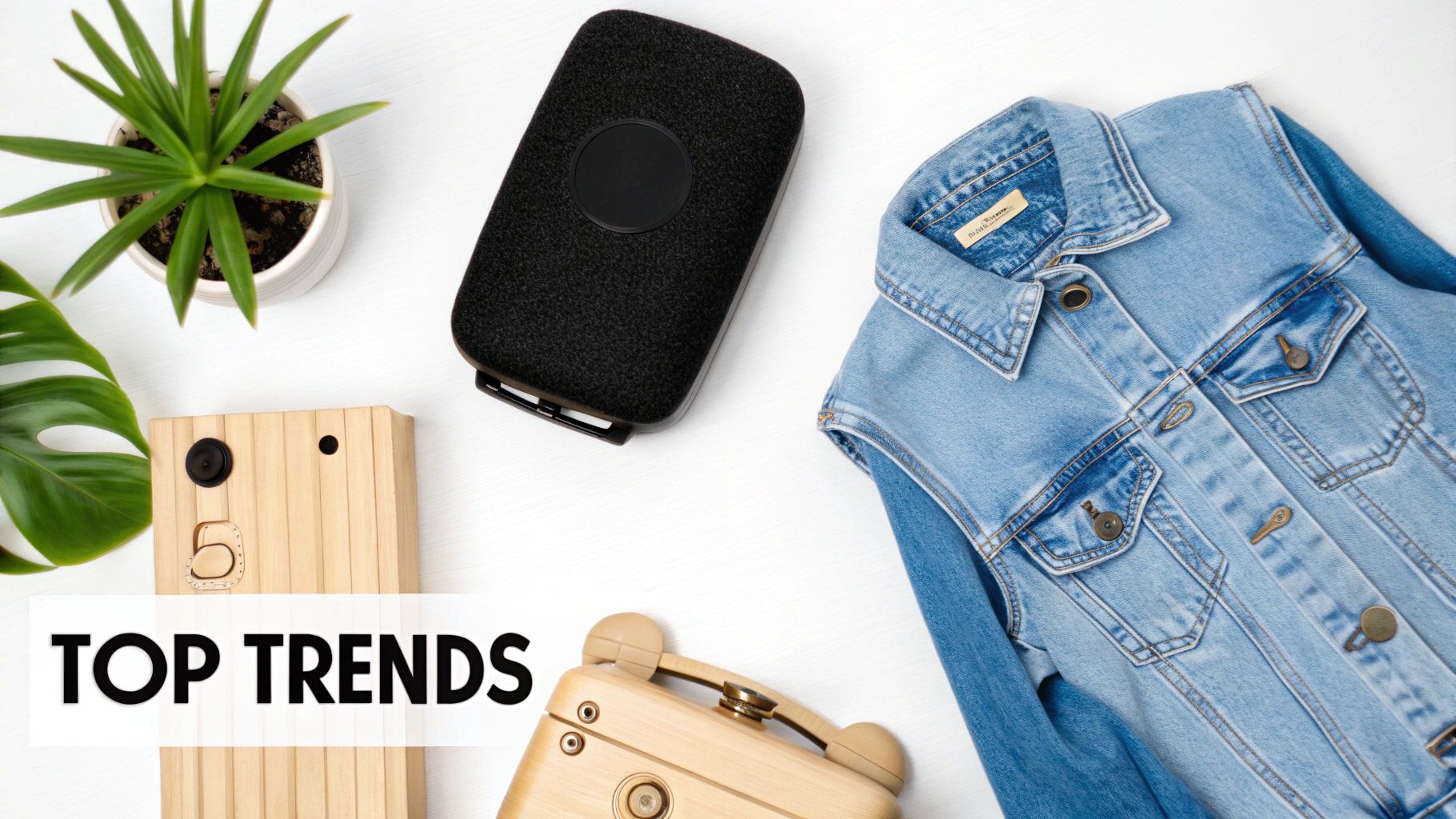 Flat lay of trendy items including a denim jacket, smart speaker, plant, and wooden tech gadgets.
