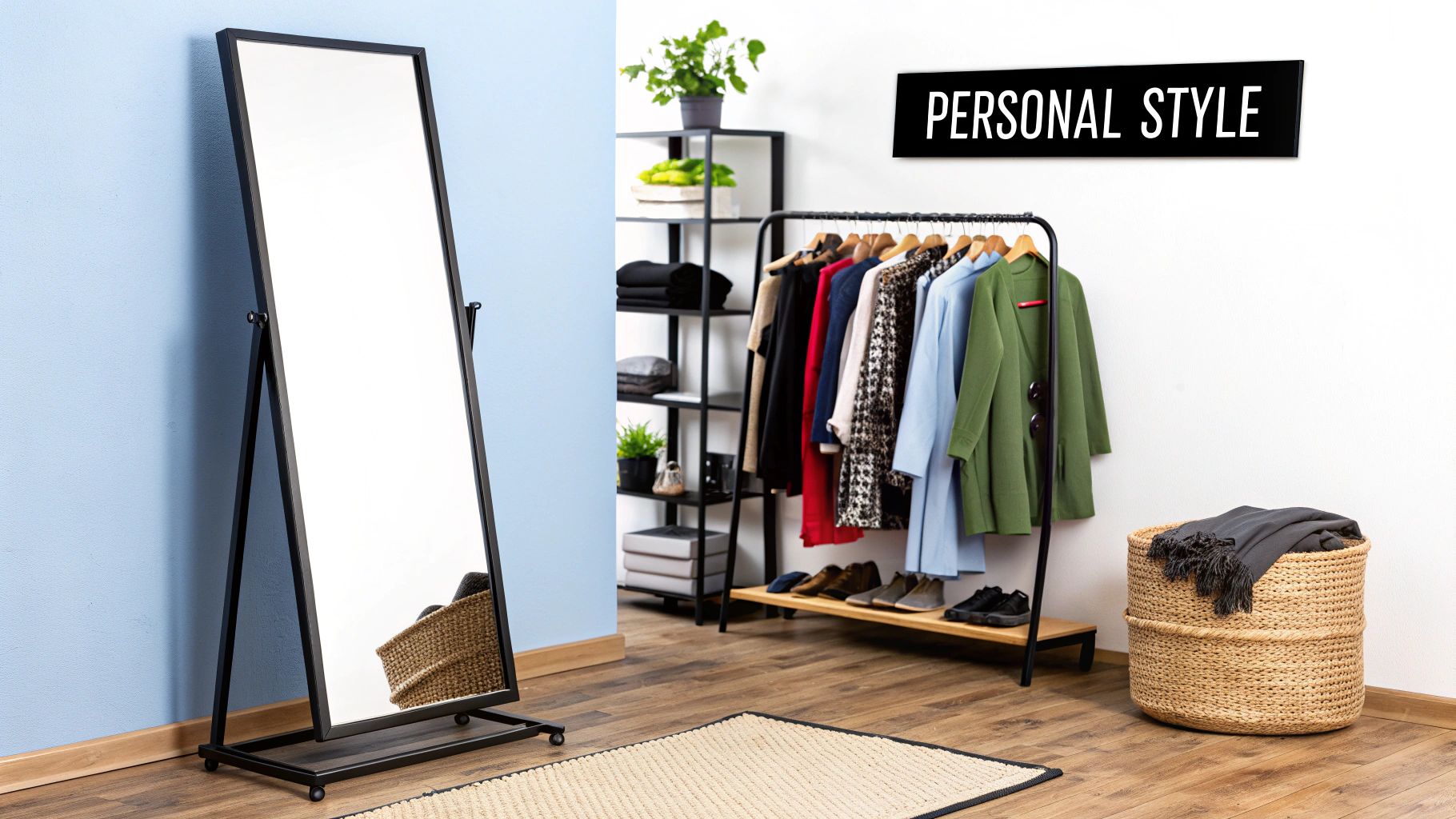 A person carefully organizing a vibrant, color-coordinated wardrobe