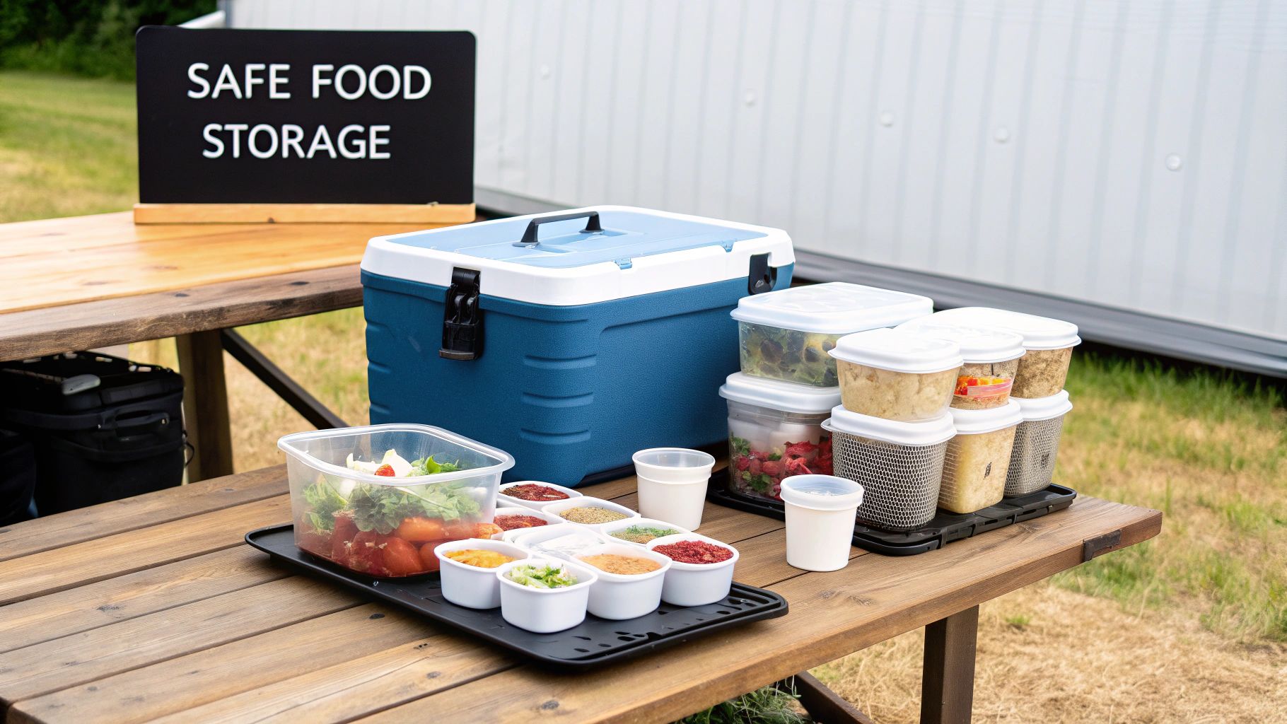 Person organizing food in a cooler at a campsite