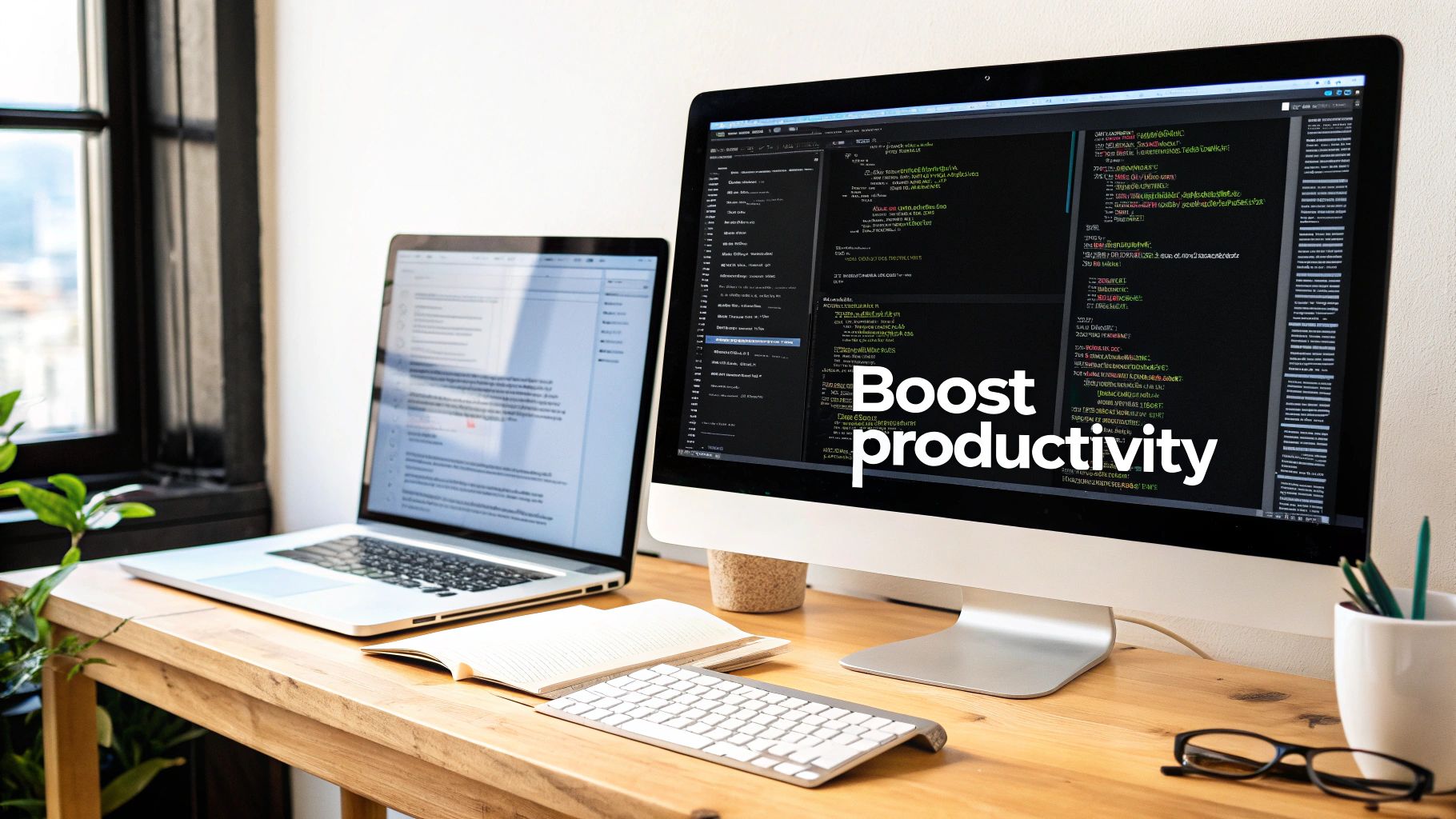 A modern workspace featuring a laptop and a large monitor displaying code, emphasizing productivity.