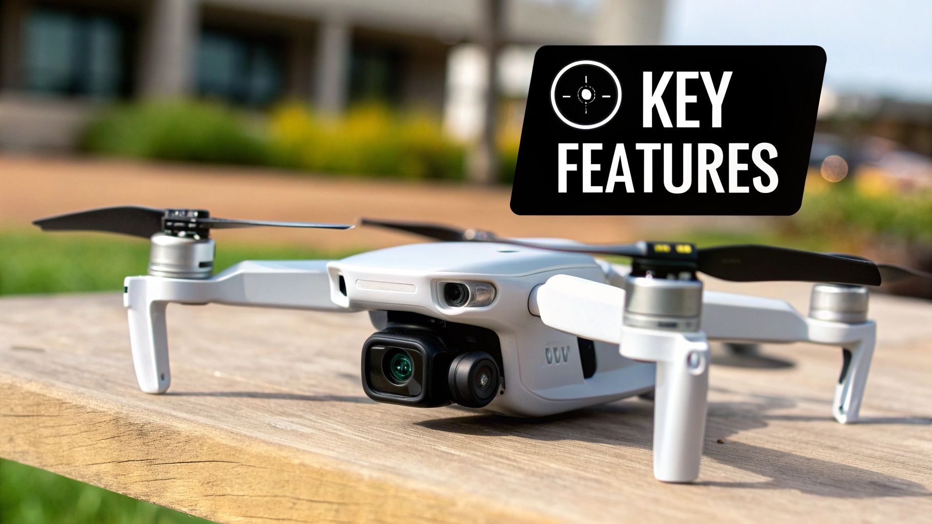 A white drone with propellers unfolded sits on a wooden surface, featuring a 'KEY FEATURES' overlay.