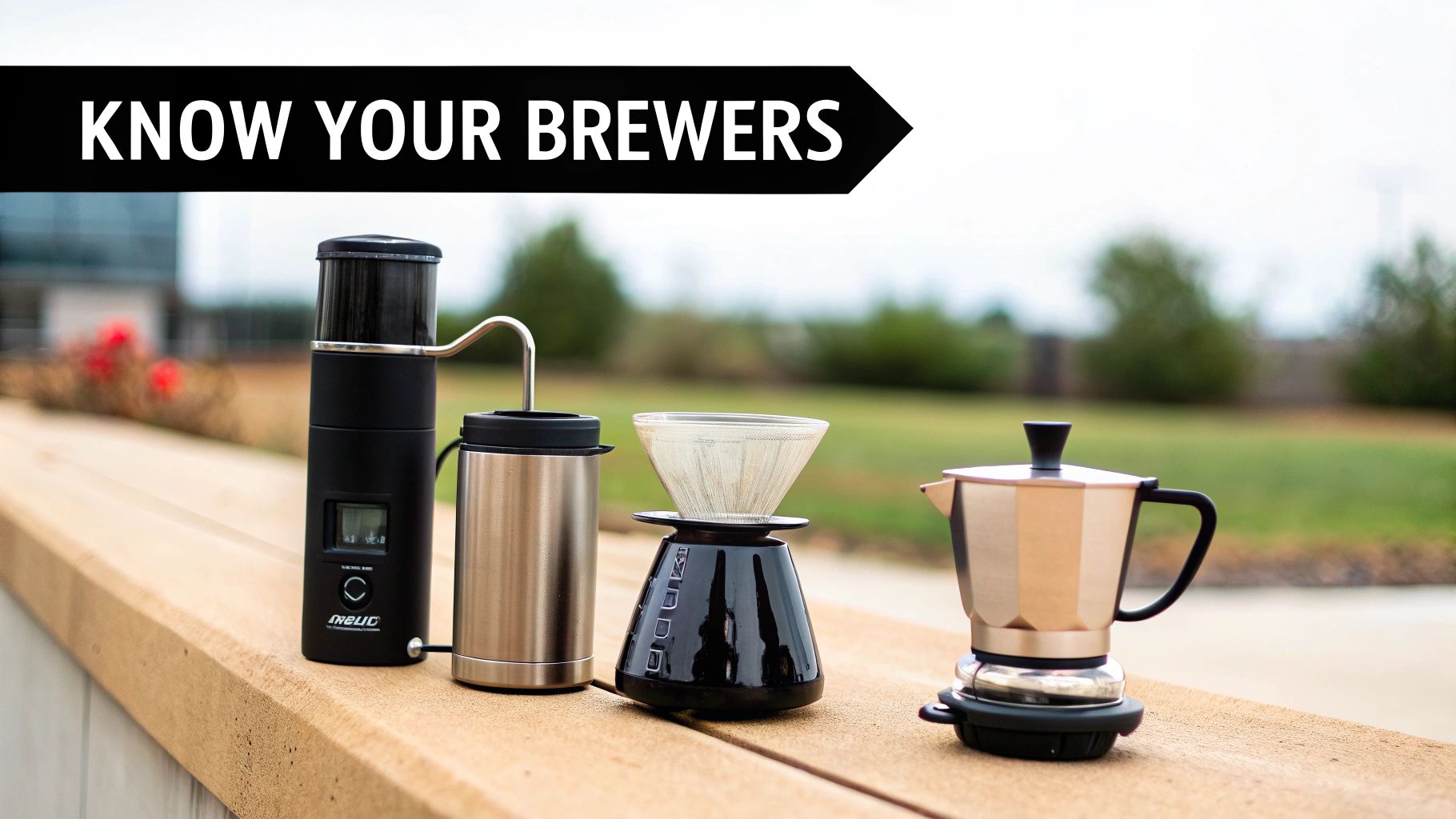 Various coffee brewers including an electric grinder, pour-over setup, and moka pot on a wooden ledge.