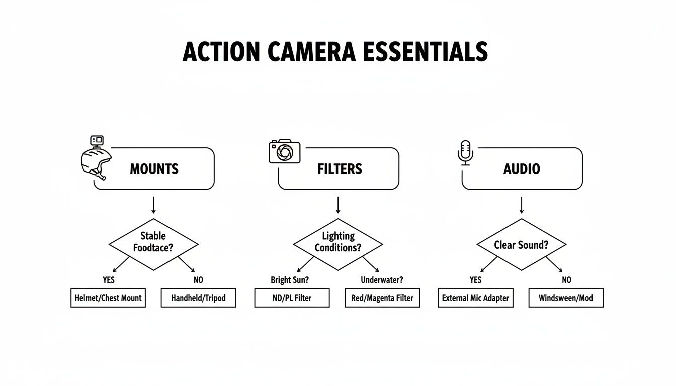 Flowchart outlining essential accessories for action cameras, covering mounts, filters, and audio solutions.