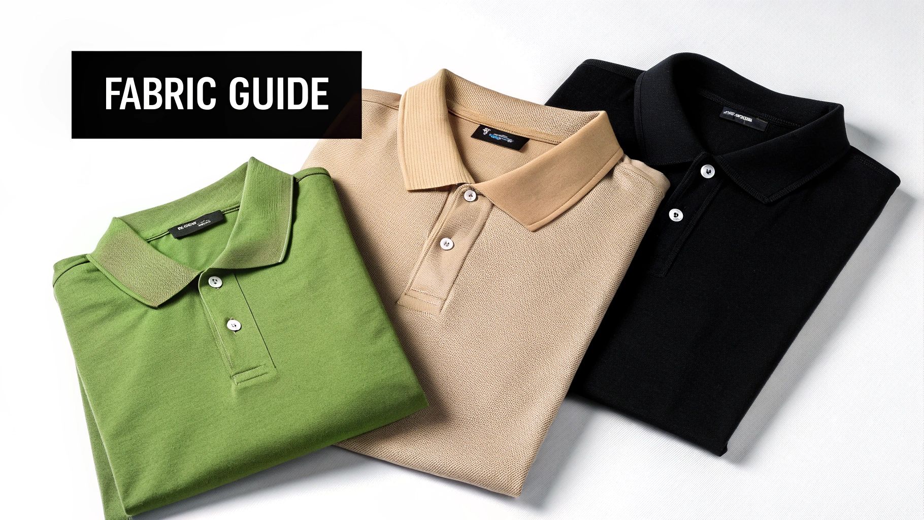Three folded polo shirts in green, beige, and black, displayed for a fabric guide.