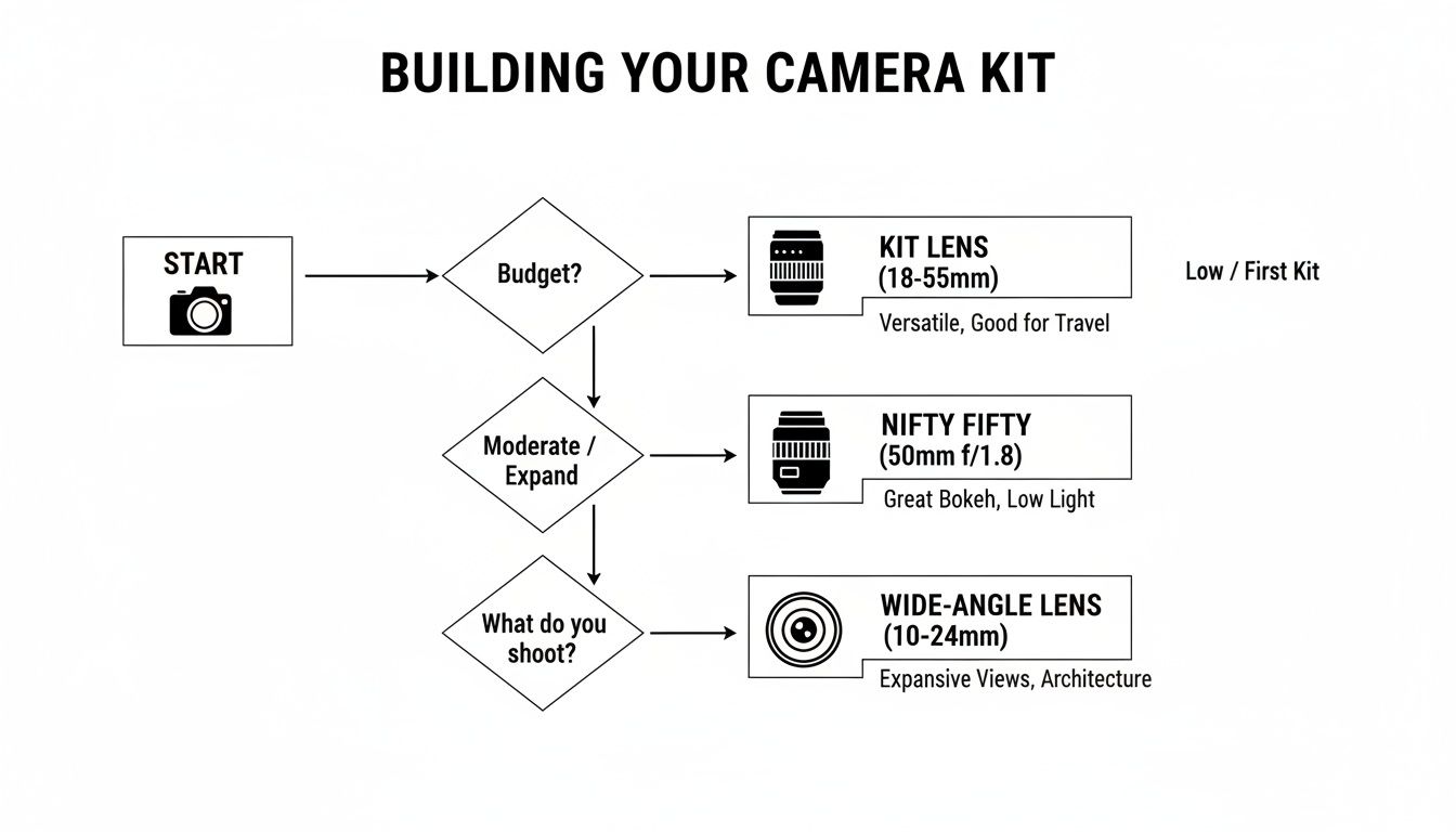 Flowchart guide to building a camera kit, recommending lenses based on budget, shooting needs, and expansion.