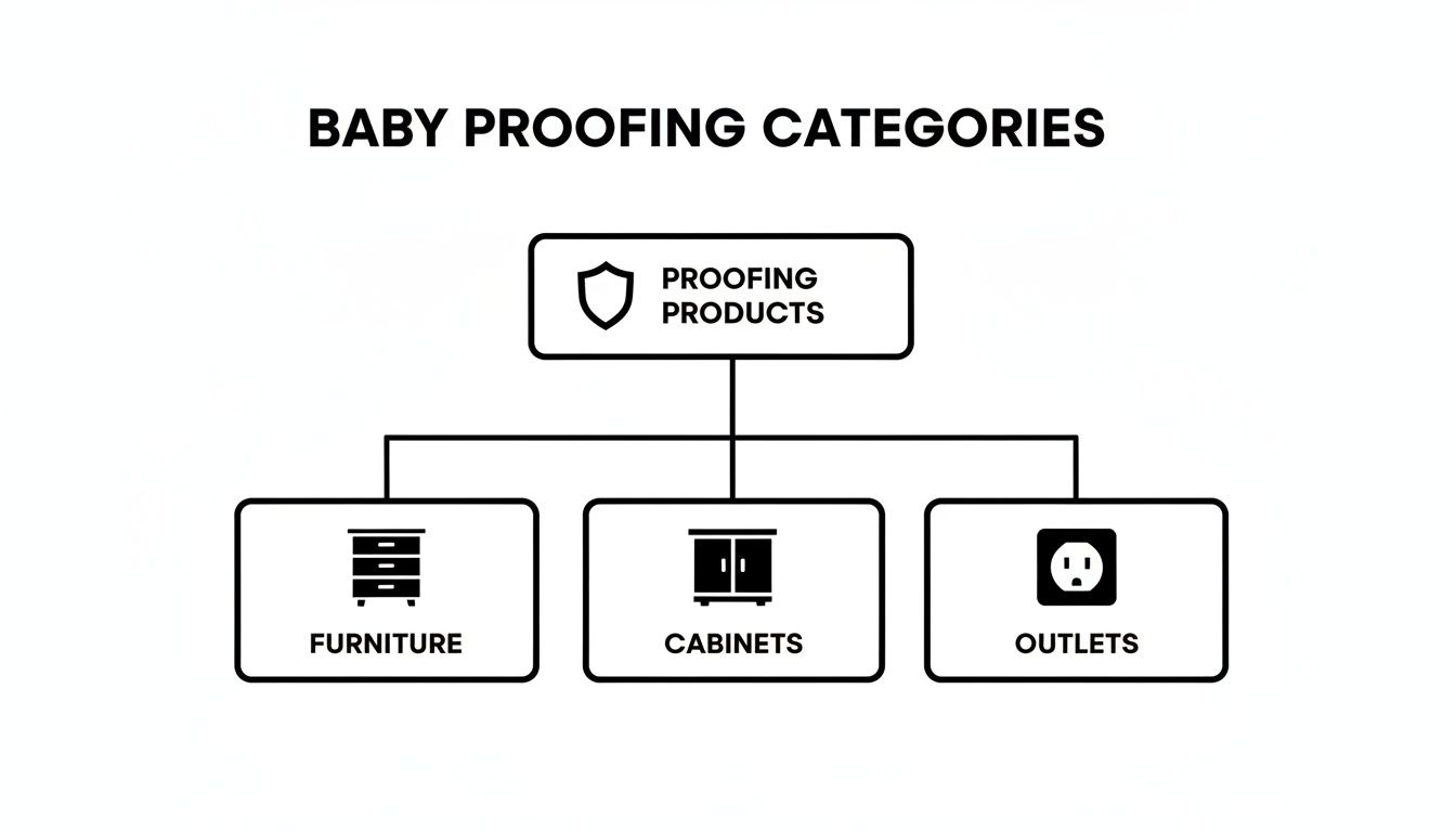 Diagram showing baby proofing categories: furniture, cabinets, and electrical outlets as product types.