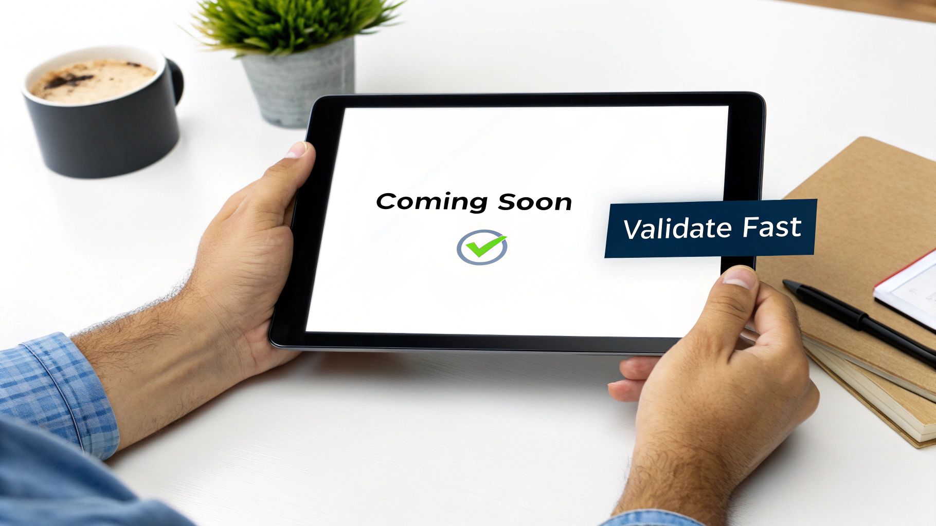 A person working on a laptop, analyzing data on a 'coming soon' landing page with graphs and charts.