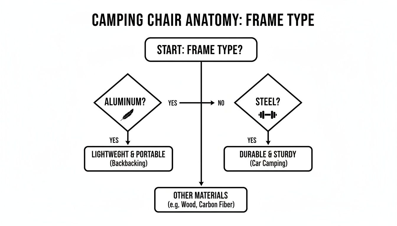 Flowchart illustrating camping chair frame types: aluminum for lightweight portability, steel for durability, and other materials.