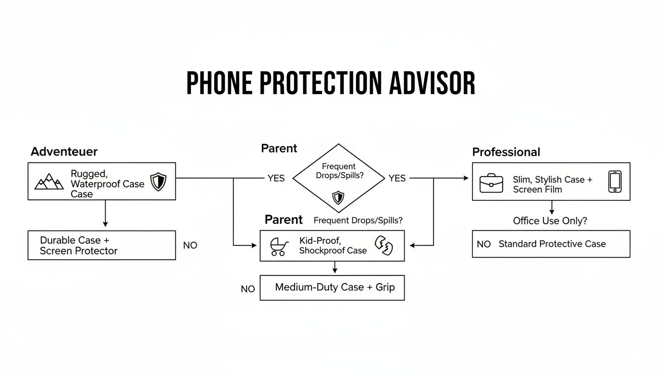 Decision tree for phone case selection based on user lifestyle, activities, and drop frequency.