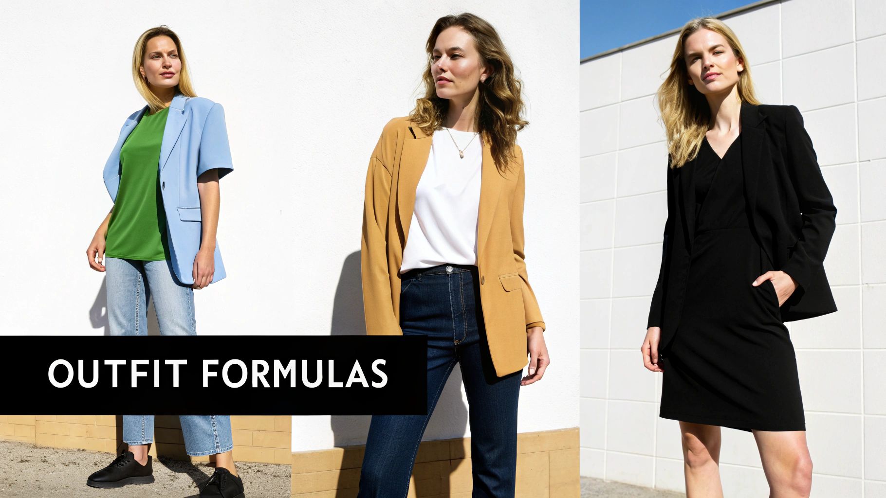 Three women showcase different blazer outfit formulas, including casual and chic styles.