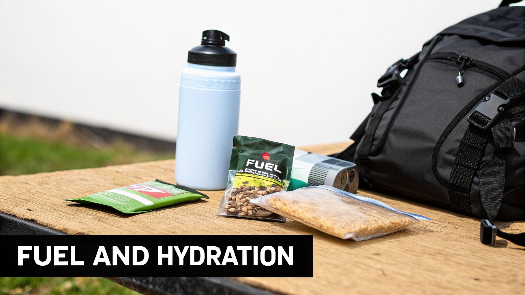 Hiking essentials displayed: a water bottle, fuel snacks, portable charger, and a black backpack.
