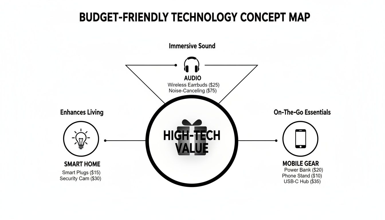 Concept map showing budget-friendly technology products, categorized into smart home, audio, and mobile gear.