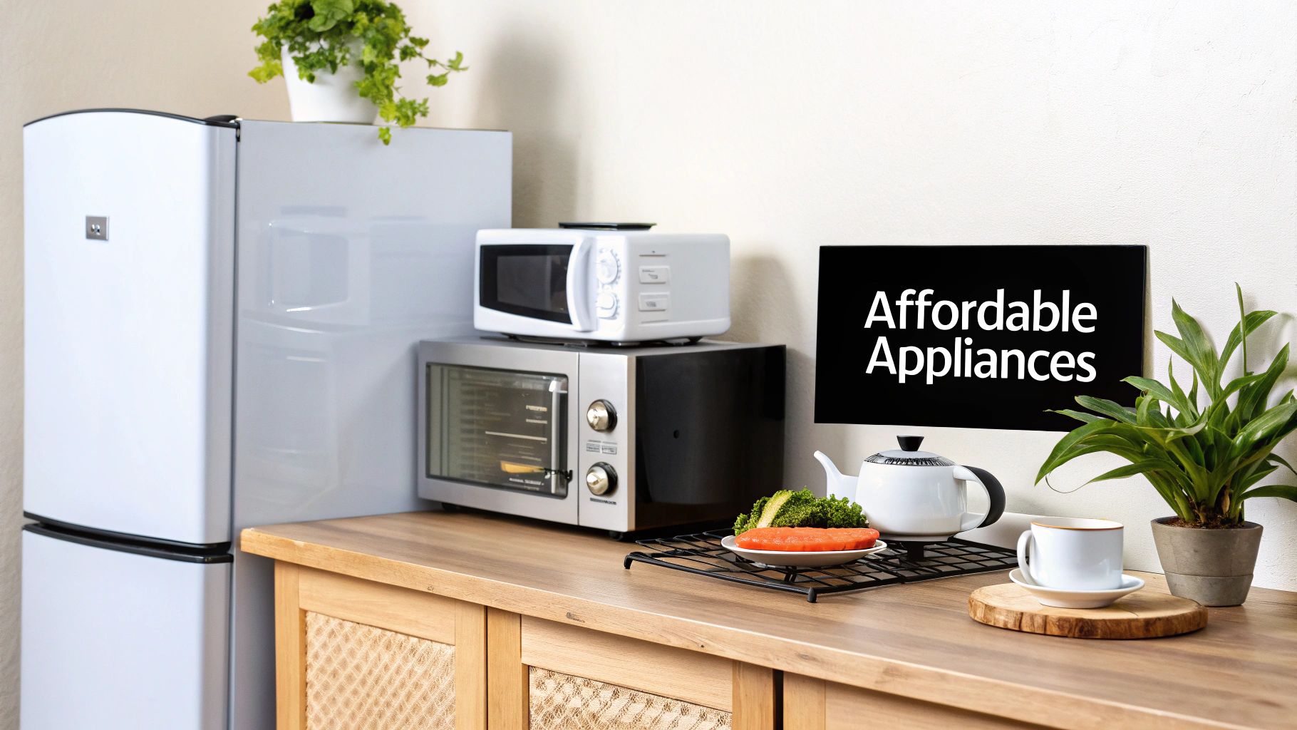 A modern kitchen counter displays affordable appliances including a refrigerator, microwave, and toaster oven, with fresh food.