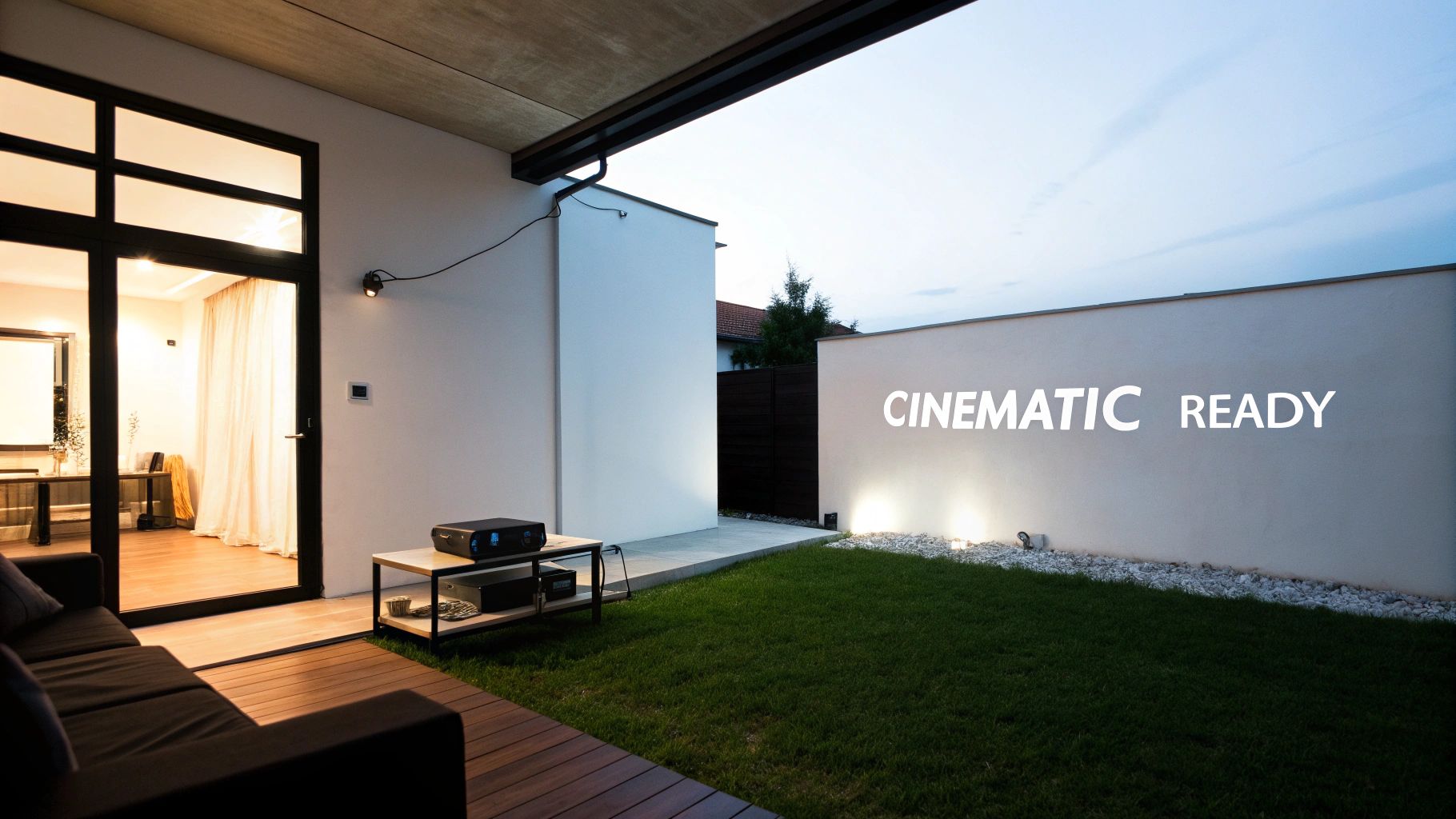 An inviting backyard transformed into a cinematic ready outdoor movie theater with a projector.