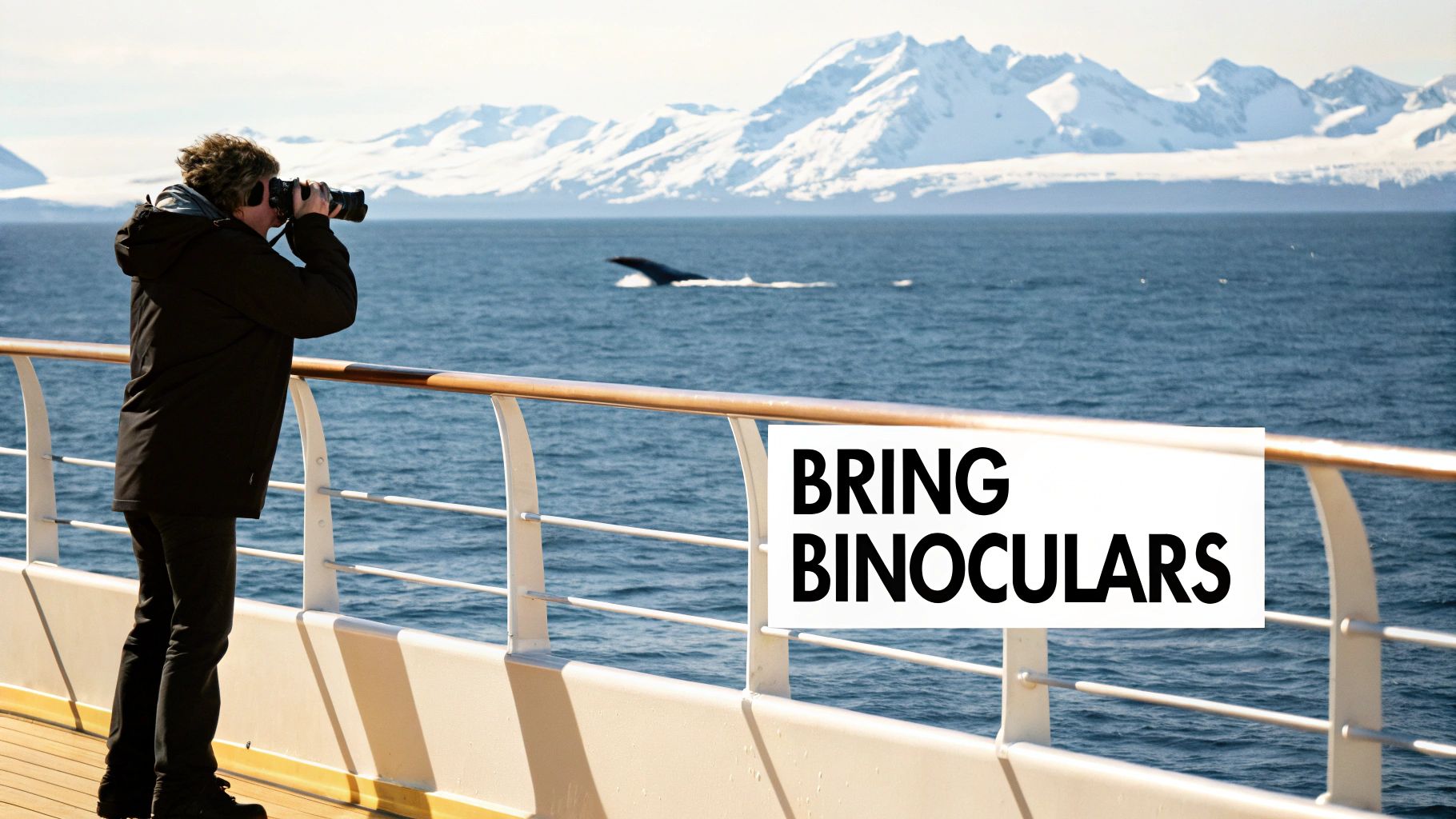 A person on a cruise ship deck uses binoculars to view a whale in the ocean with snowy mountains.