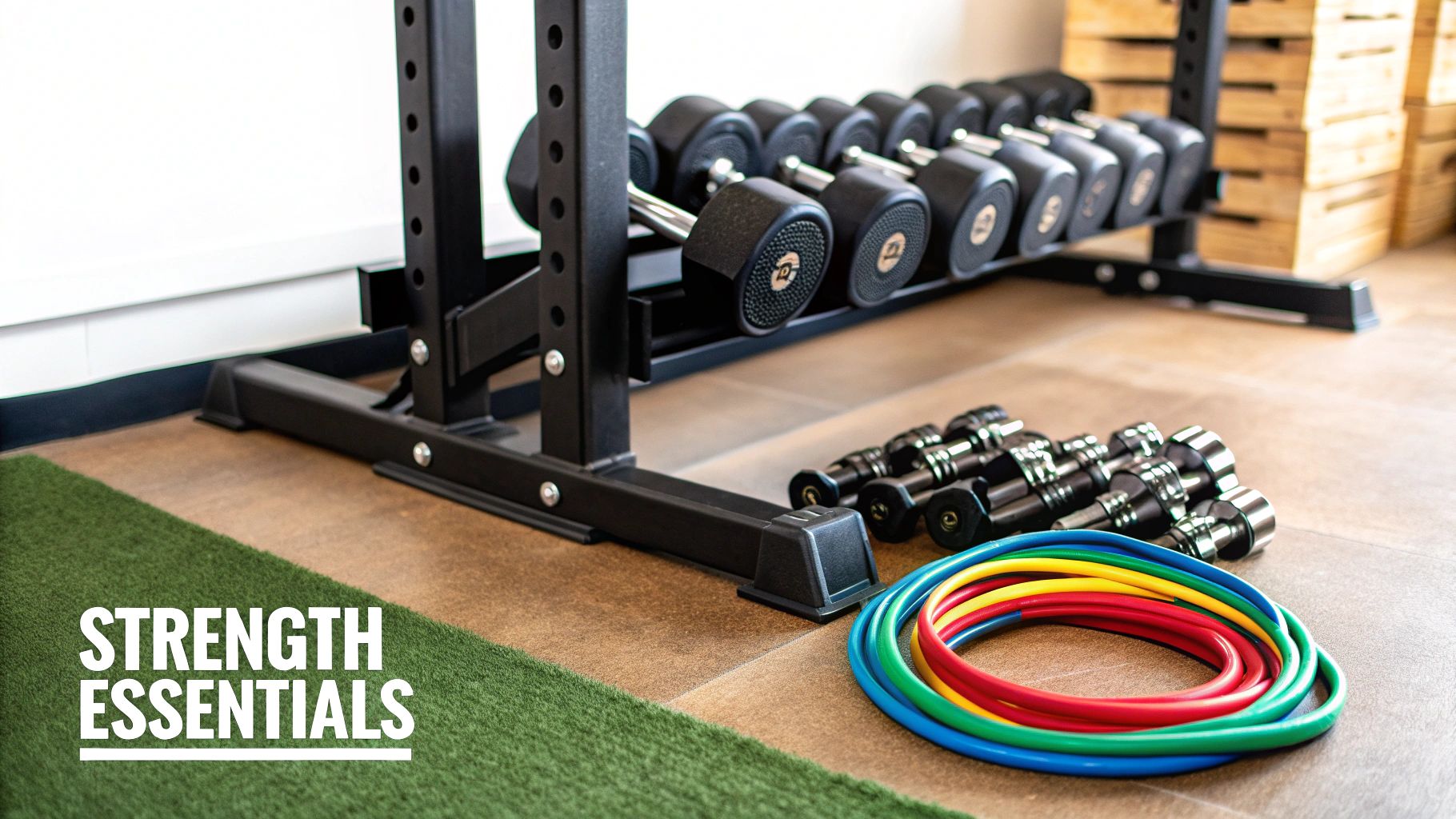 A set of adjustable dumbbells and a kettlebell on a workout mat in a home setting.