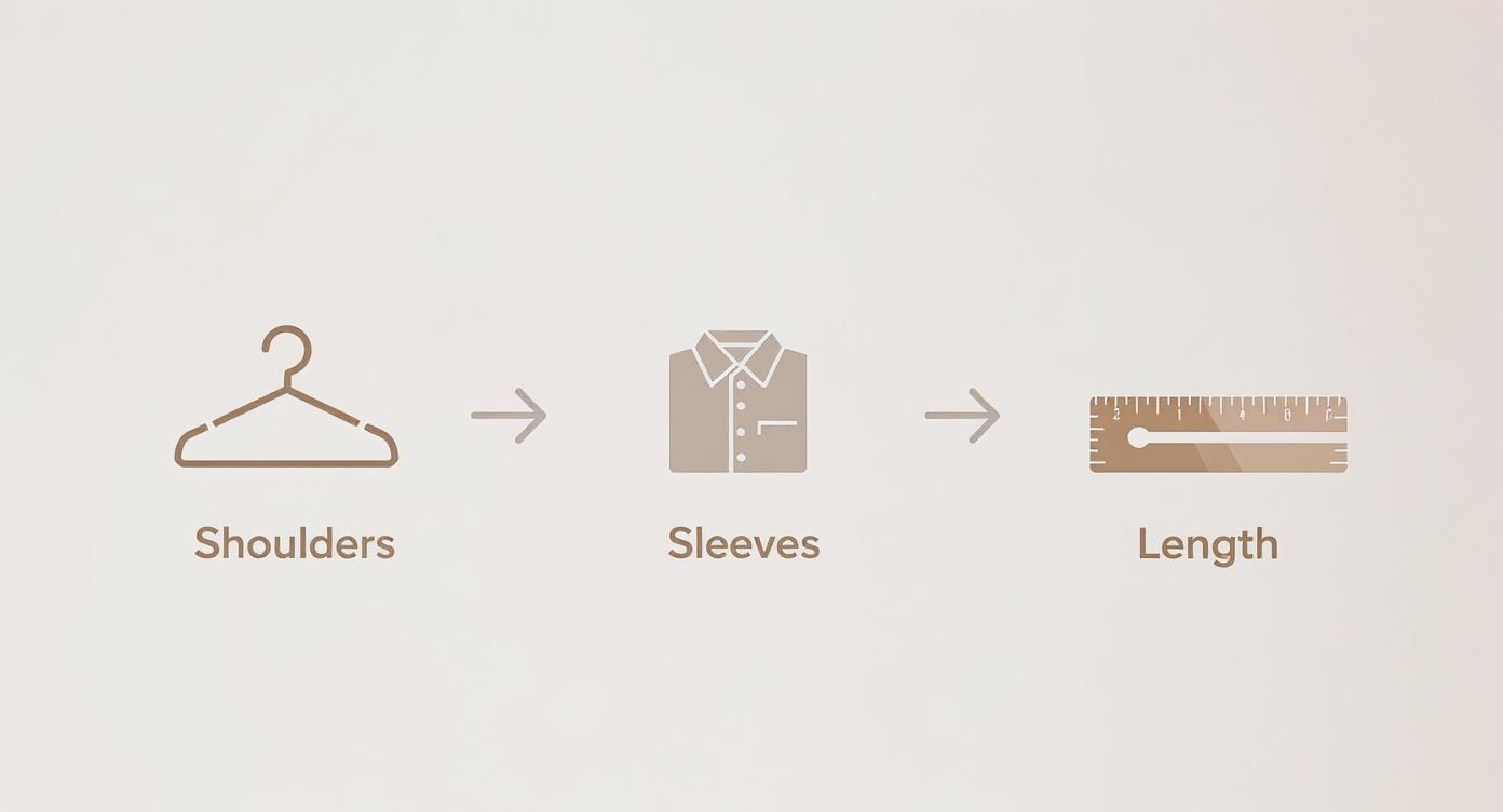 Visual guide for measuring a shirt, detailing shoulders, sleeves, and overall length with icons.