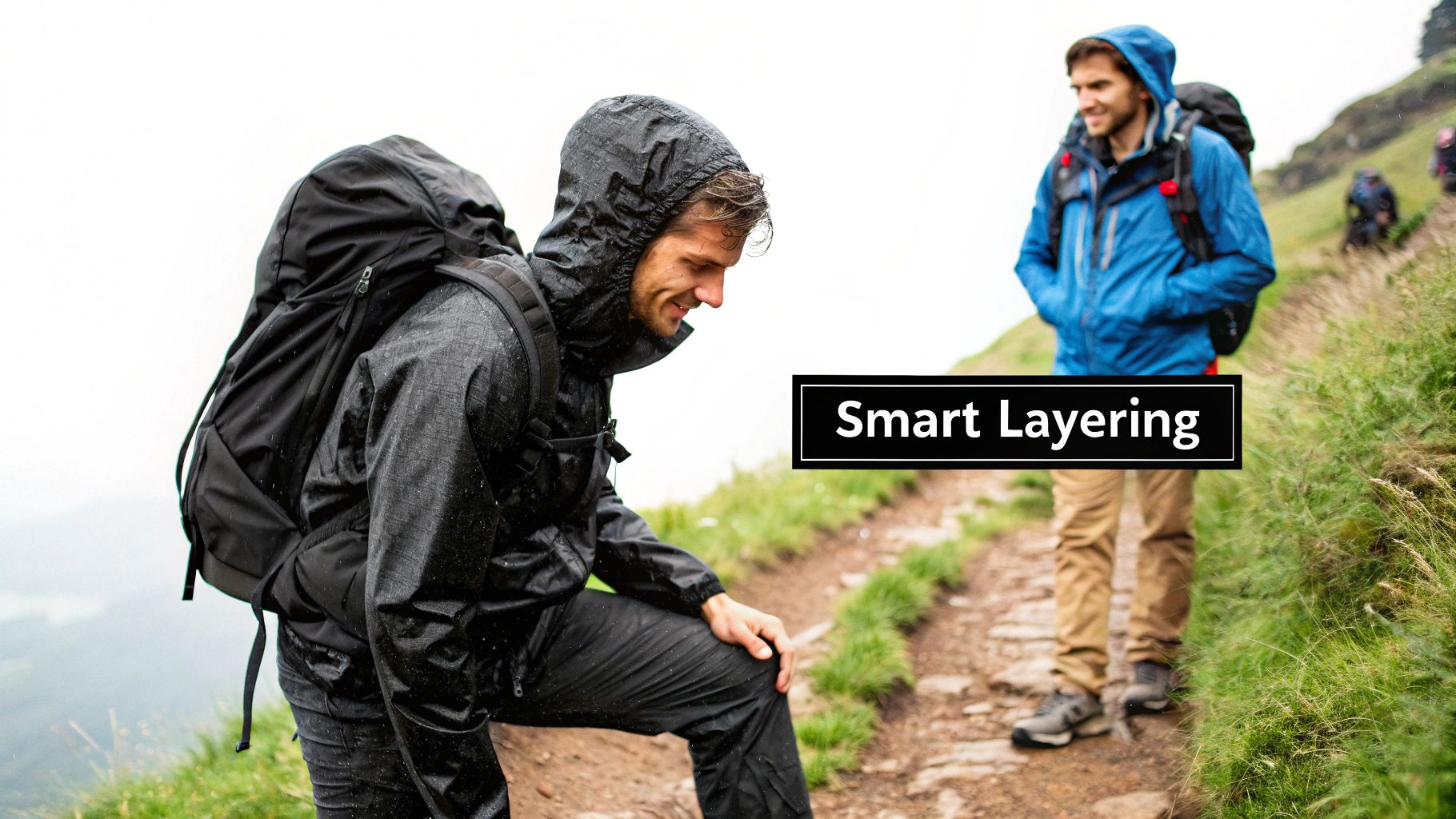 Two men hiking in rainy weather, wearing waterproof jackets and backpacks, demonstrating smart layering.
