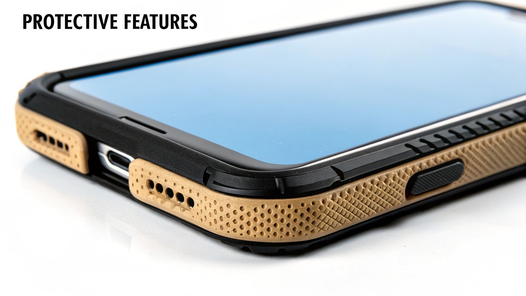 Close-up of a rugged smartphone case in black and tan, highlighting its protective features and textured grip.
