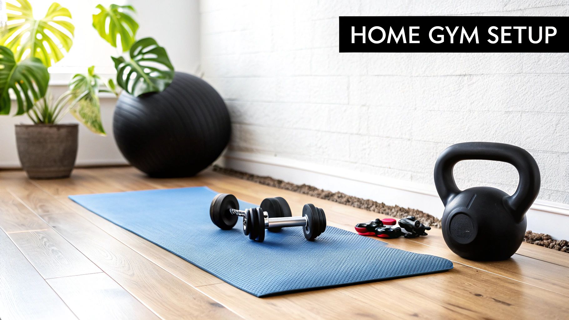 A well-organized home gym with various workout equipment.