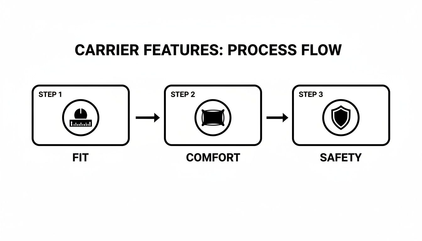 Process flow diagram illustrating carrier features: Step 1 Fit, Step 2 Comfort, and Step 3 Safety.