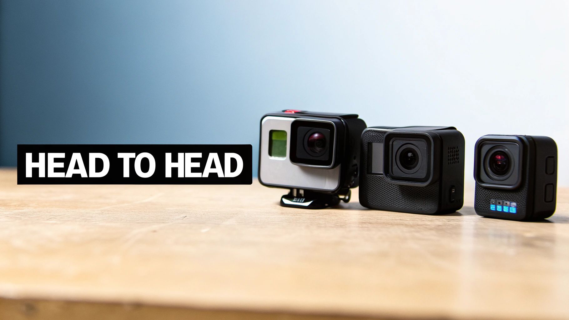 Three action cameras, likely GoPros, are lined up on a wooden table for a head-to-head comparison.