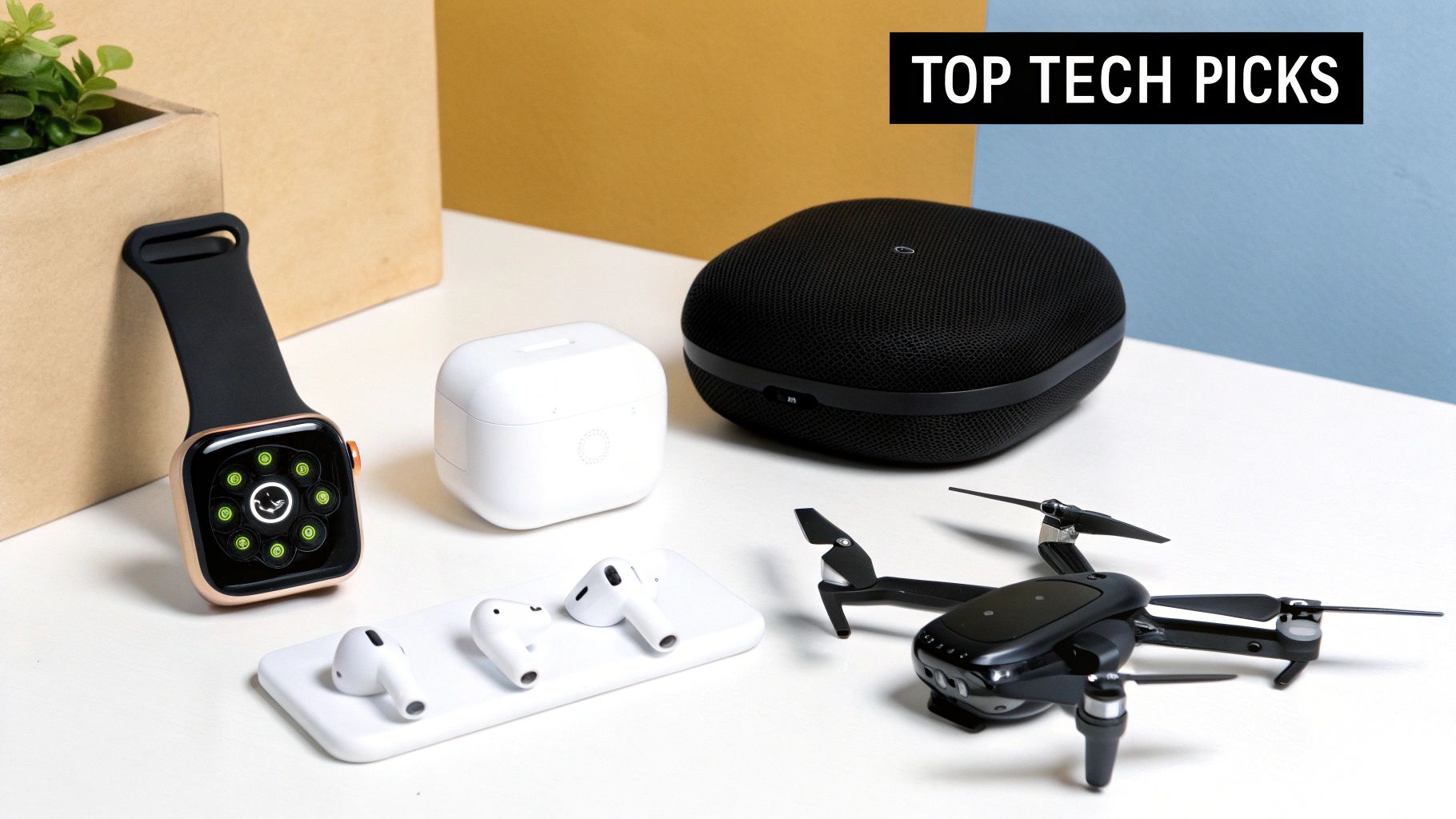 Collection of top tech products including smartwatch, wireless earbuds, smart speaker, and drone on white surface