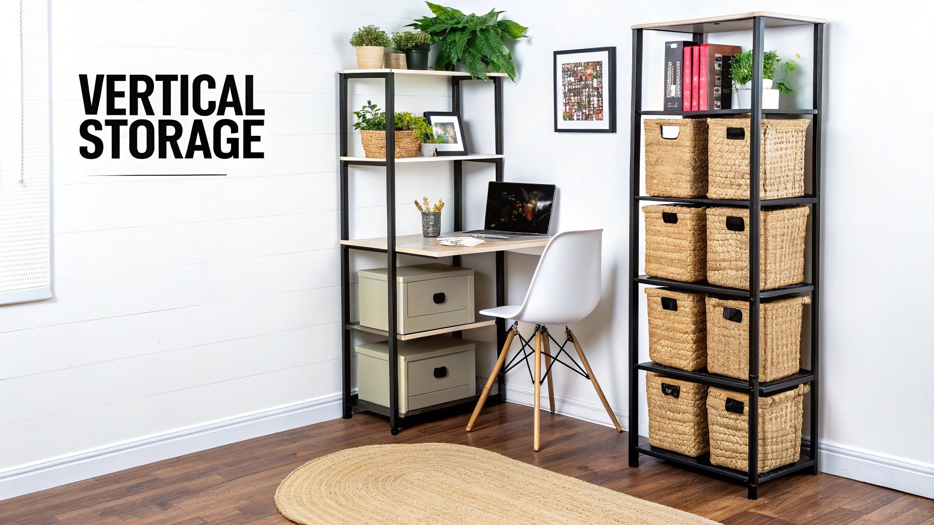 Space-saving vertical storage units with a desk, plants, and wicker baskets in a modern home office.
