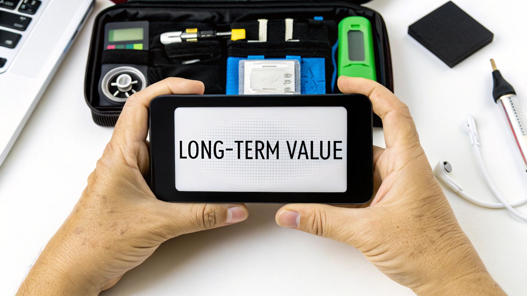 Hands holding a smartphone displaying 'LONG-TERM VALUE' amidst various electronic gadgets and tools.