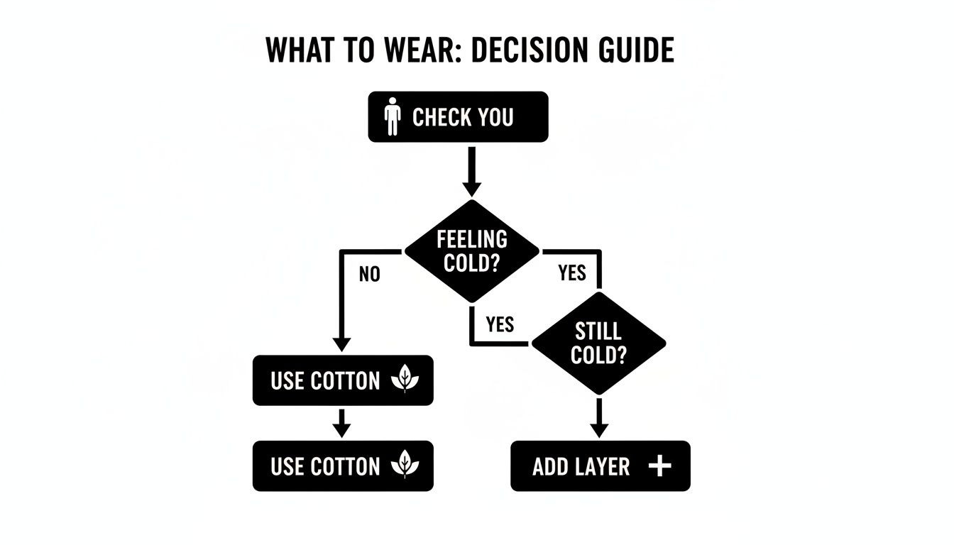 Flowchart illustrating a 'What to Wear' decision guide, suggesting cotton or adding layers based on feeling cold.