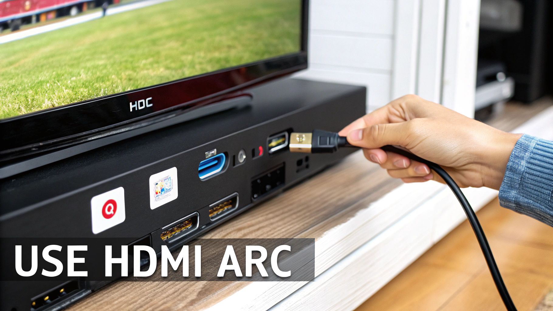 Hand inserting a gold-tipped HDMI cable into a black AV receiver or soundbar connected to a TV.