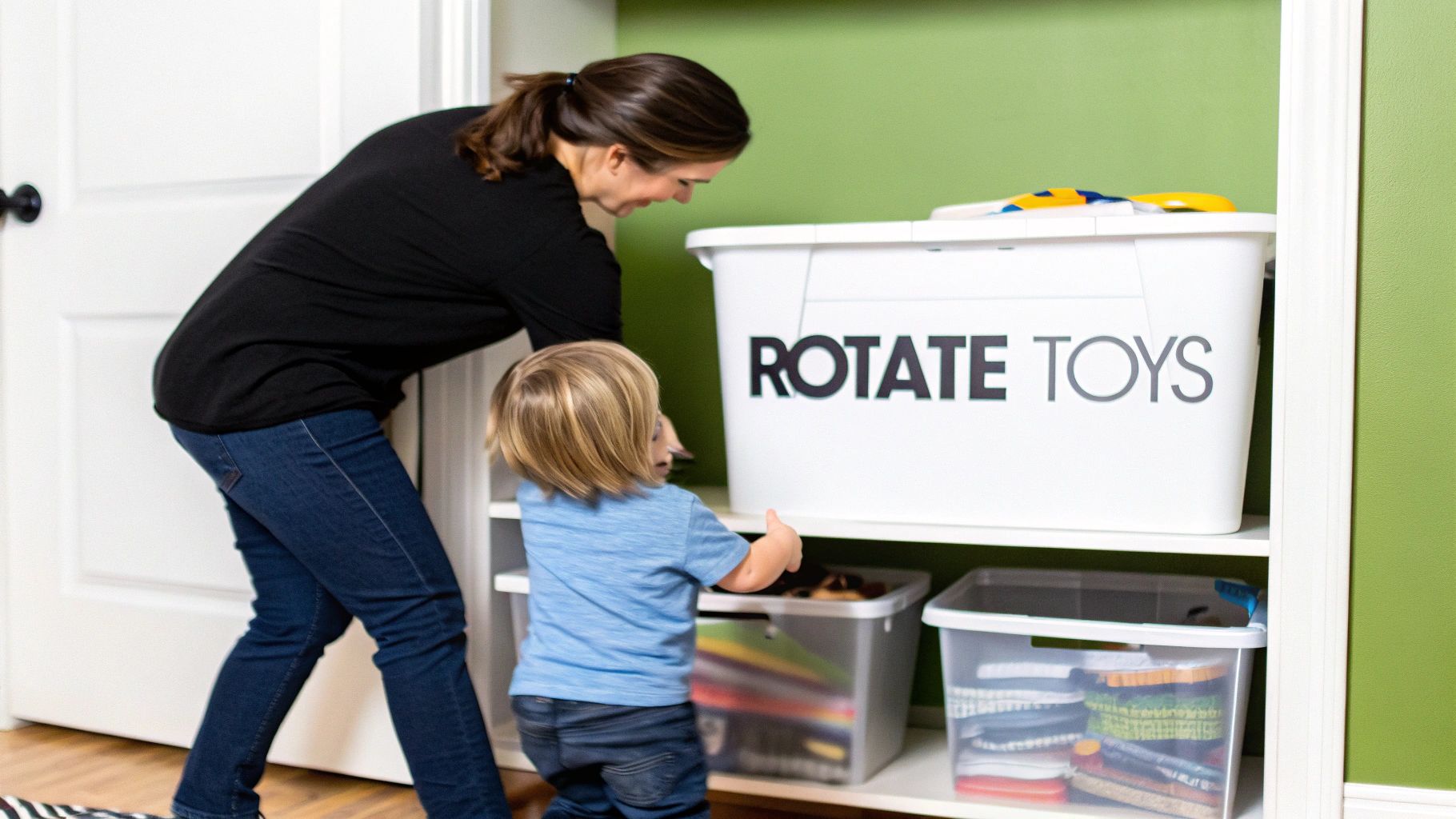 A neat playroom shelf with only a few select toys, illustrating a toy rotation system in action.