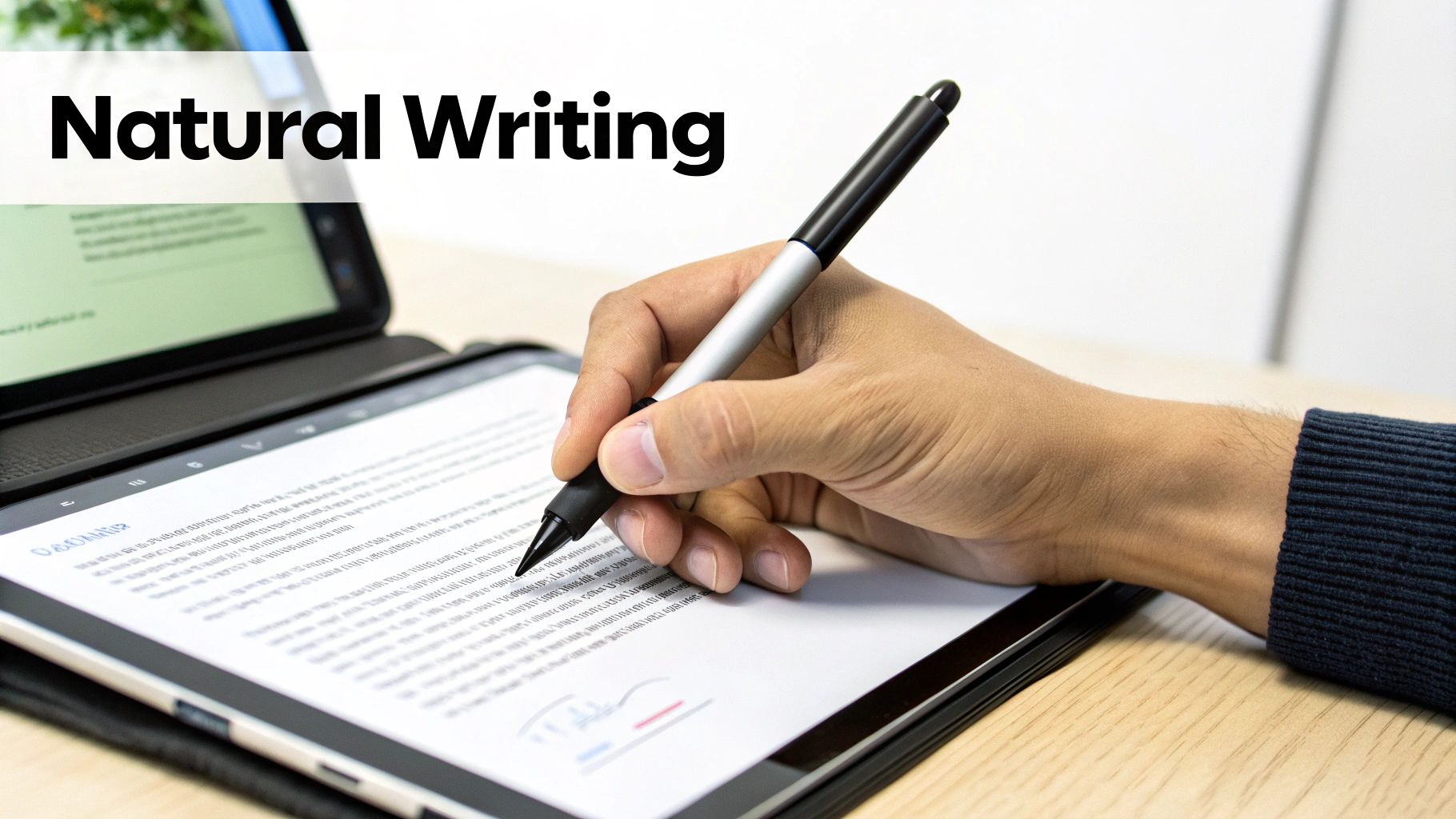 A hand holds a digital pen, writing on a tablet displaying text and promoting natural writing.