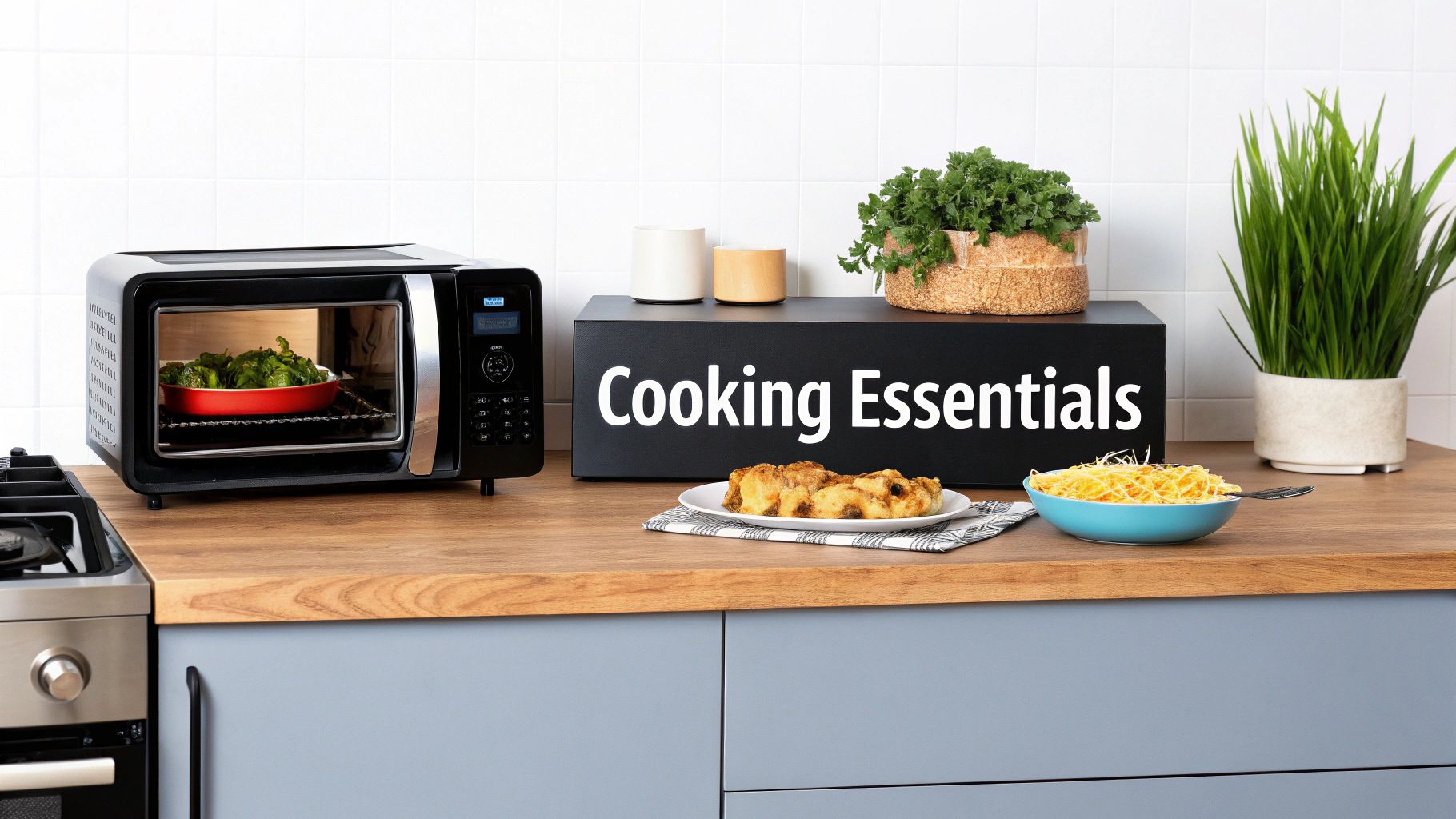 A toaster oven cooking green vegetables on a modern kitchen counter with prepared food and decor.